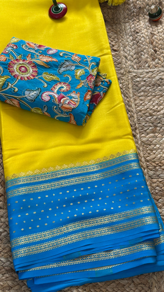 Pure Mysore Silk Sarees - Bespoke Drapes - Yellow and Blue
