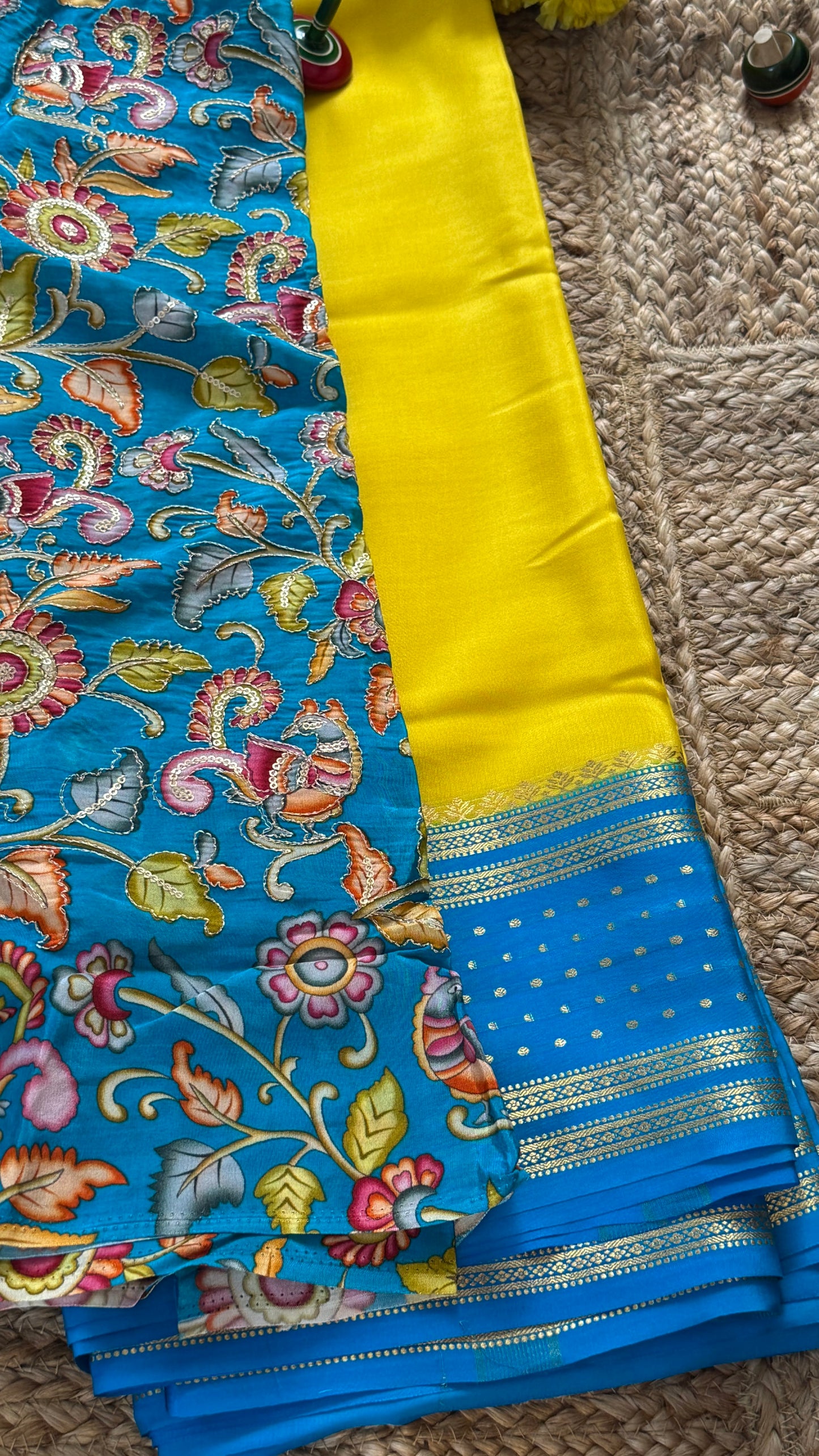 Pure Mysore Silk Sarees - Bespoke Drapes - Yellow and Blue