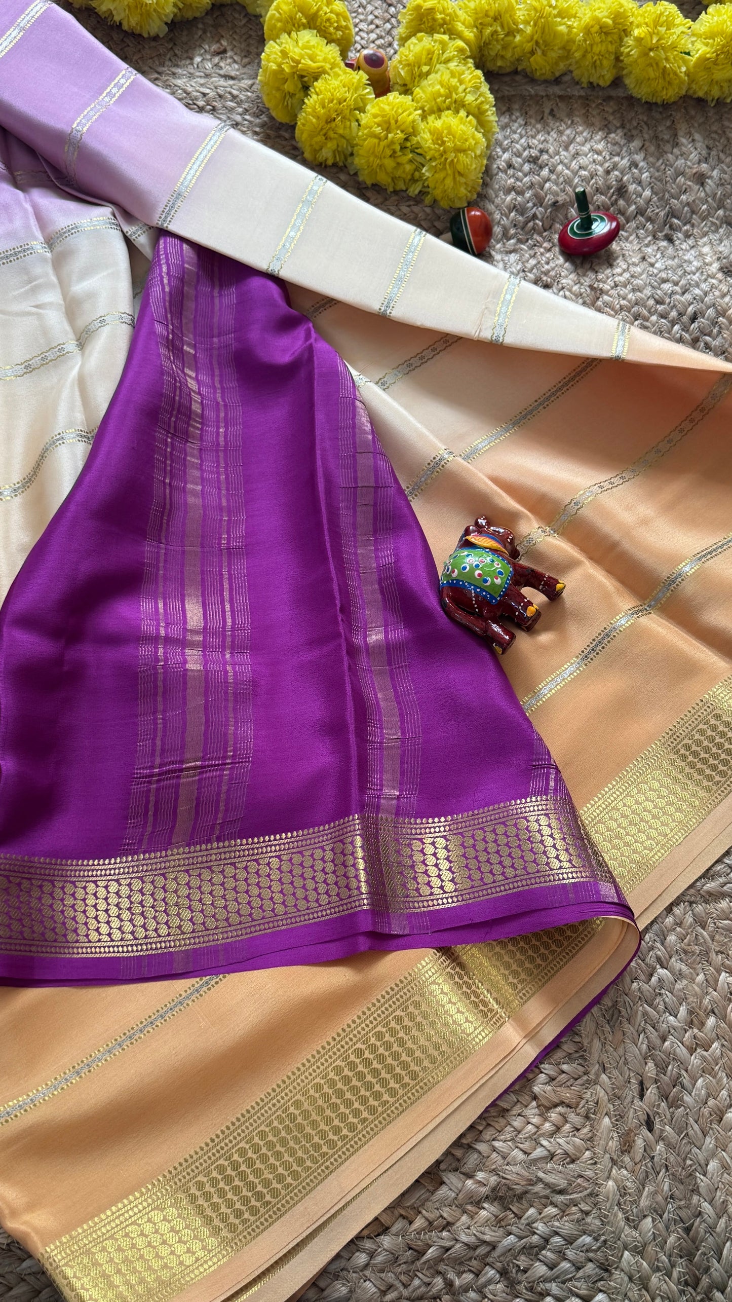 Pure Mysore Silk Sarees - Bespoke Drapes - Beige and Purple