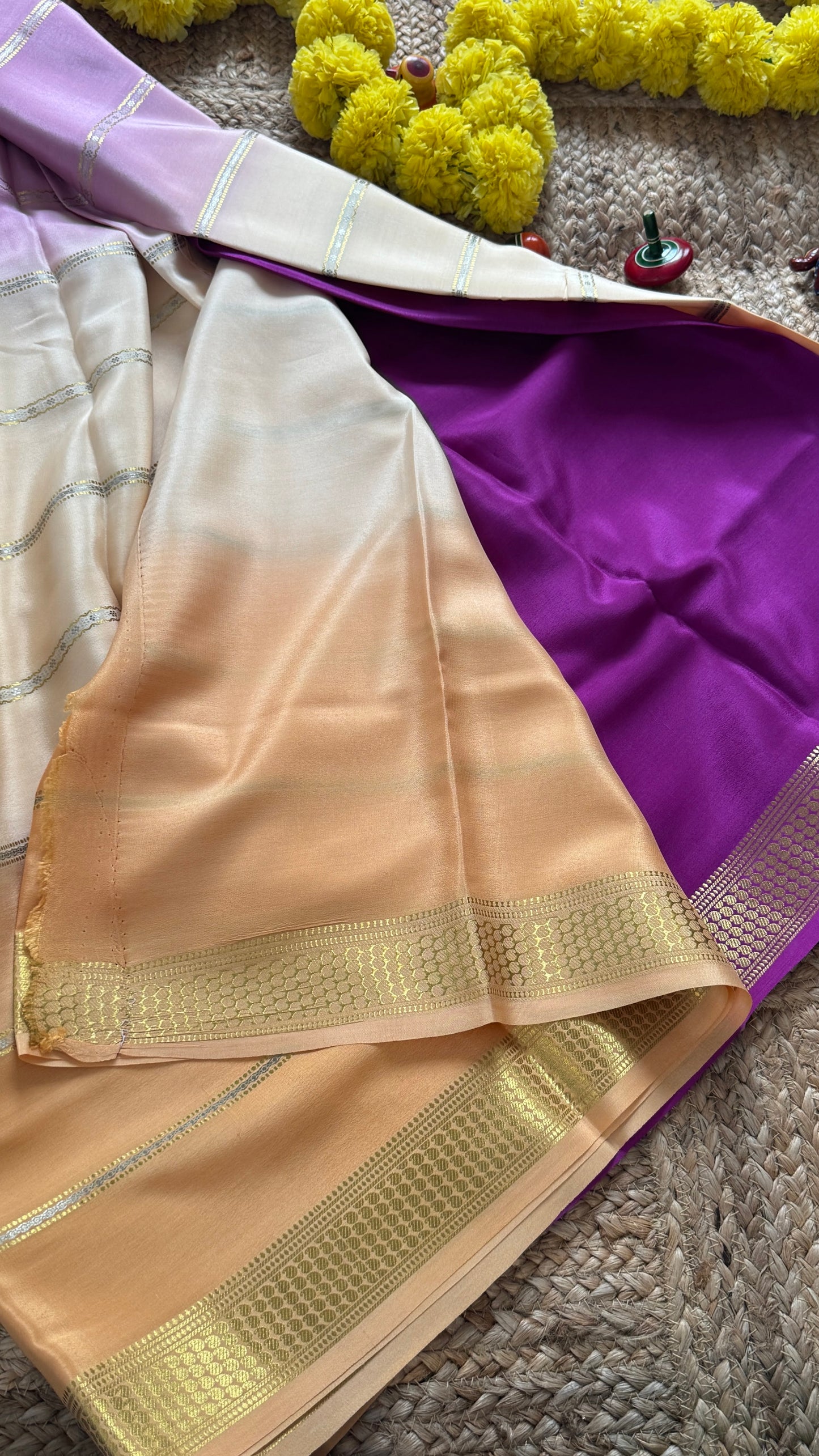 Pure Mysore Silk Sarees - Bespoke Drapes - Beige and Purple