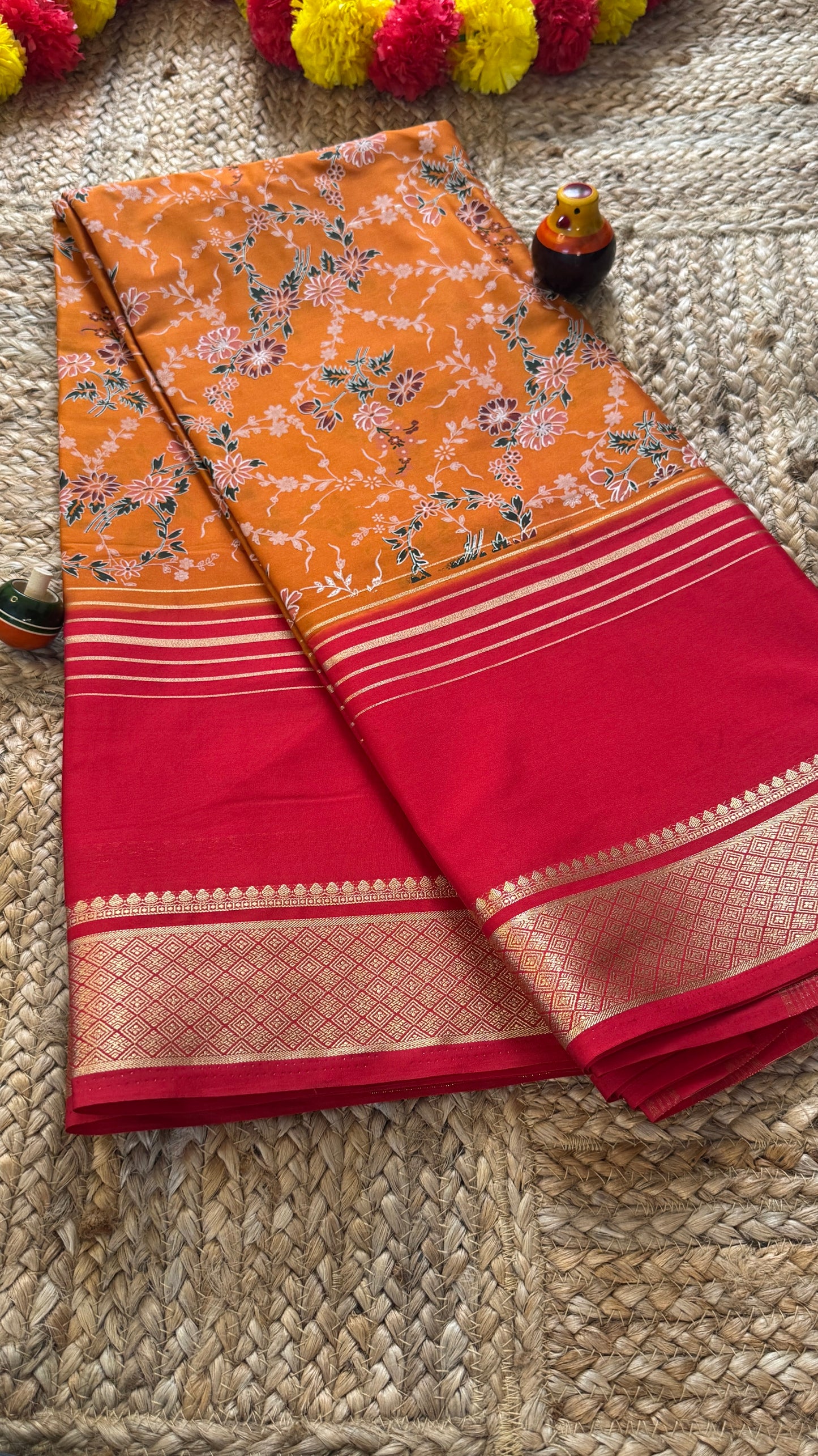 Digital Print 2D Saree - Mustard Yellow and Pink
