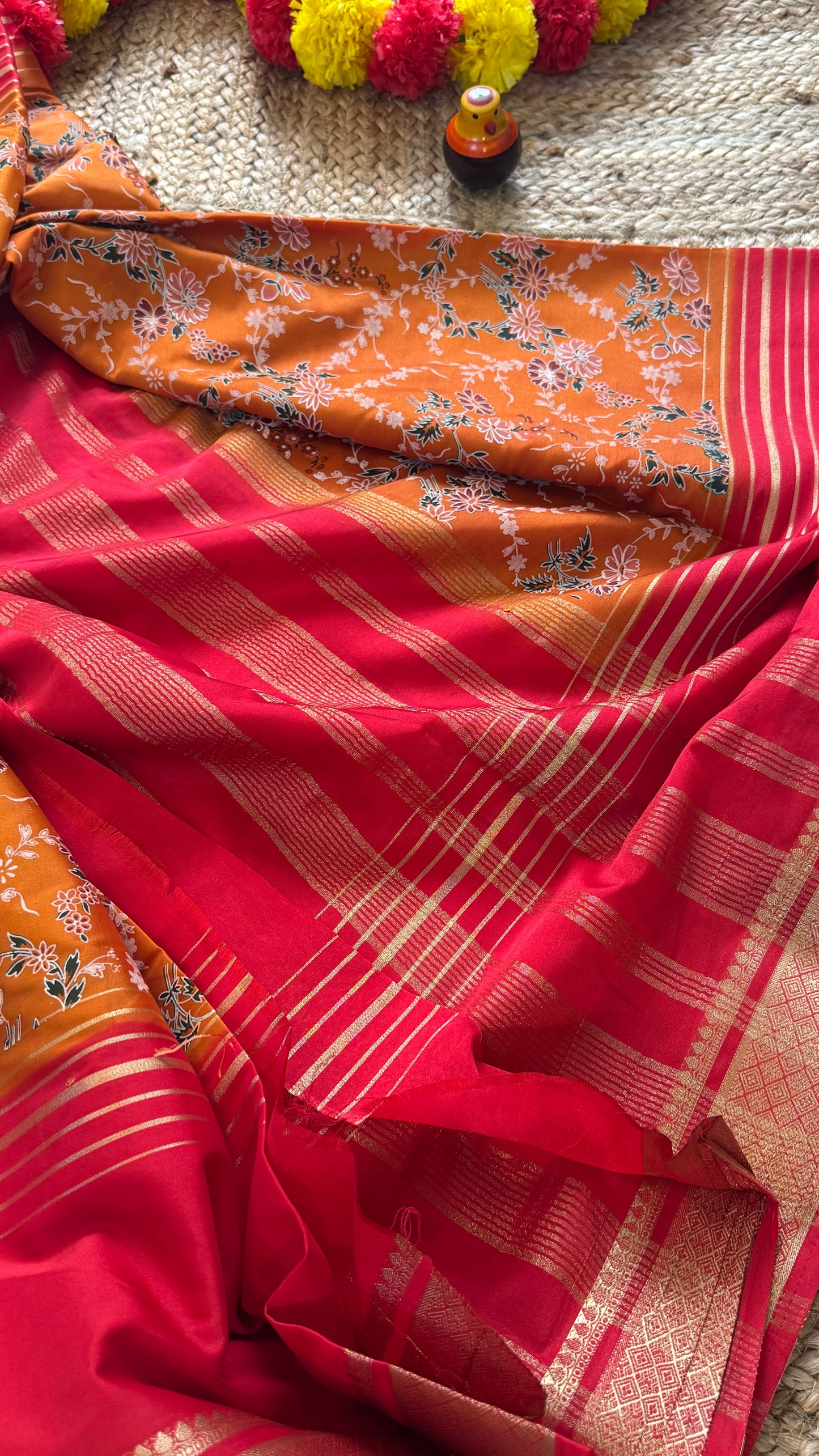 Digital Print 2D Saree - Mustard Yellow and Pink