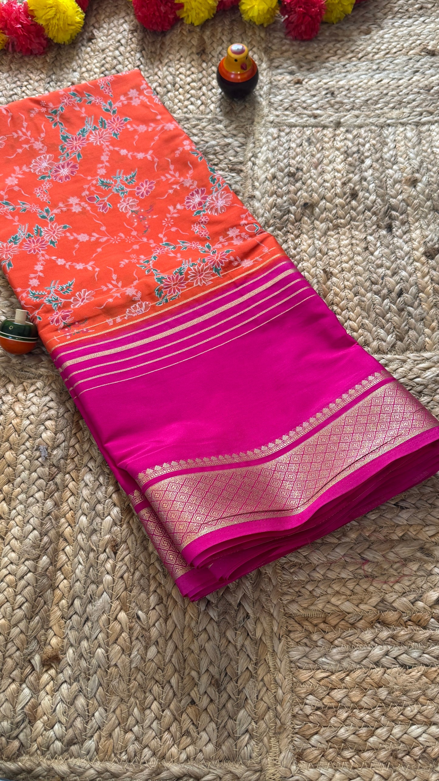 Digital Print 2D Saree - Orange and Pink