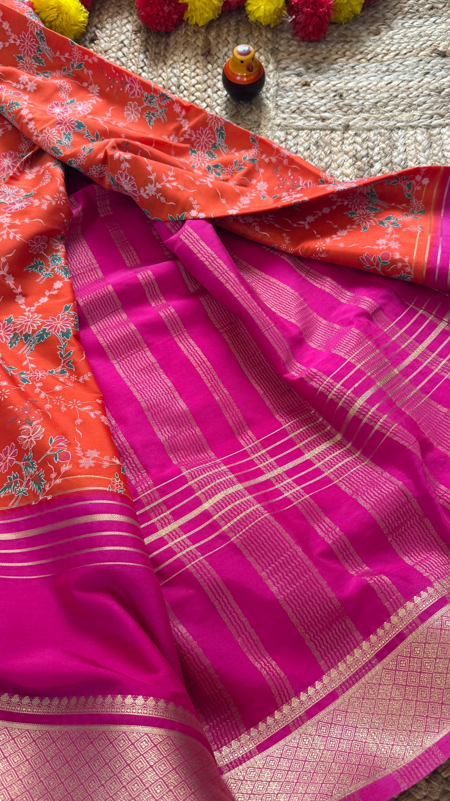 Digital Print 2D Saree - Orange and Pink