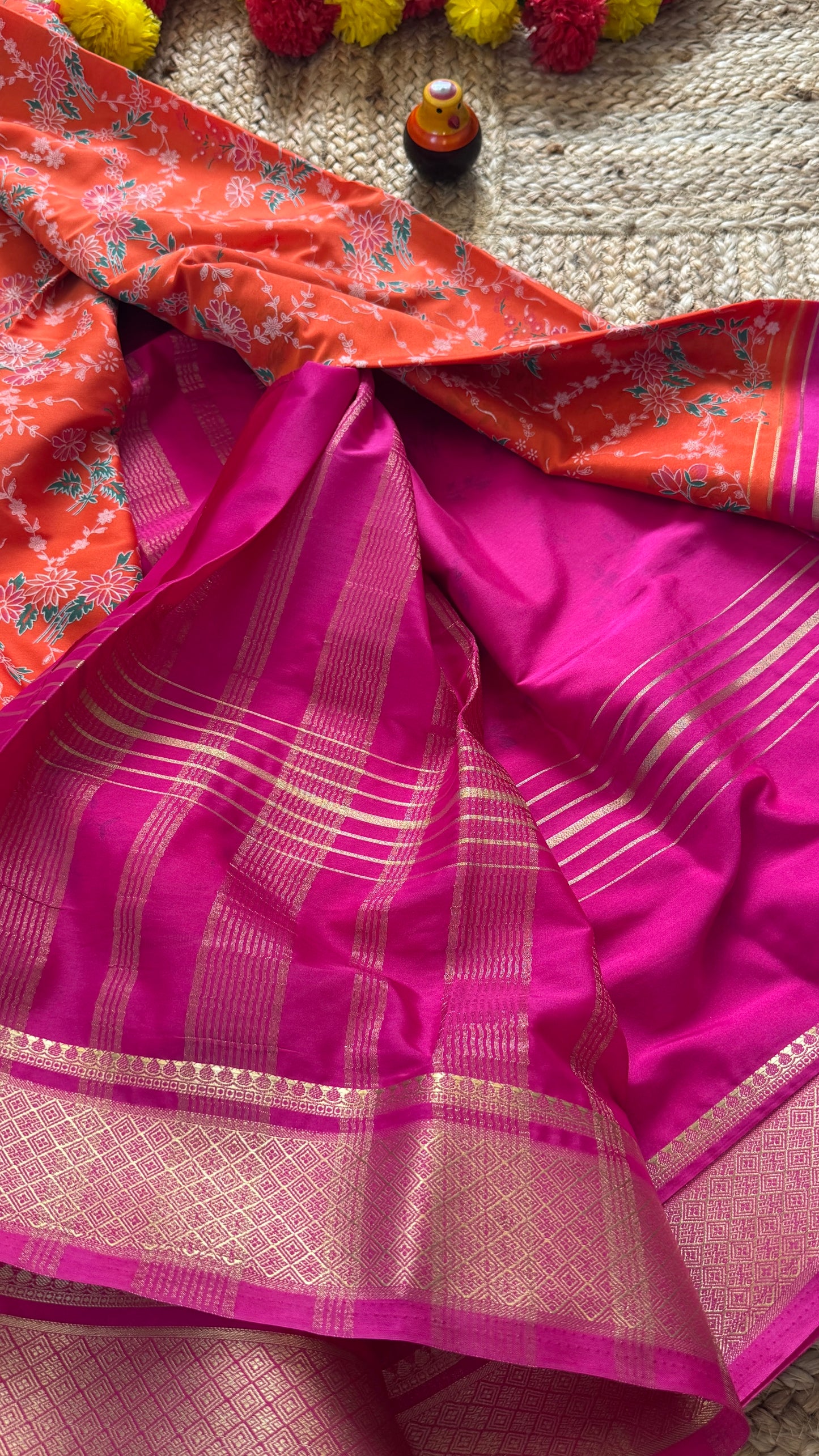 Digital Print 2D Saree - Orange and Pink