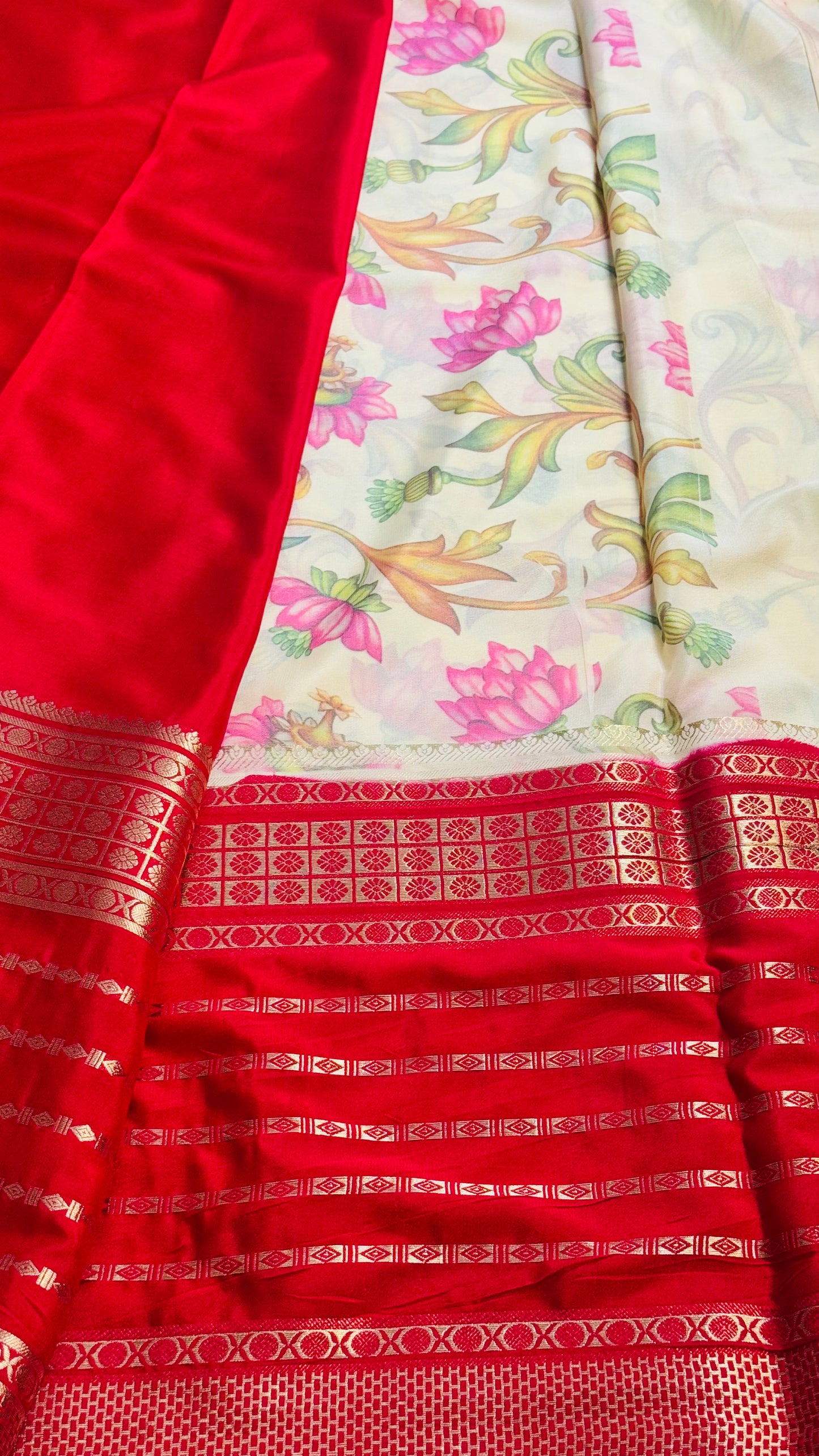 Semi Silk Sarees with Stripes - Off White and Red Cherry