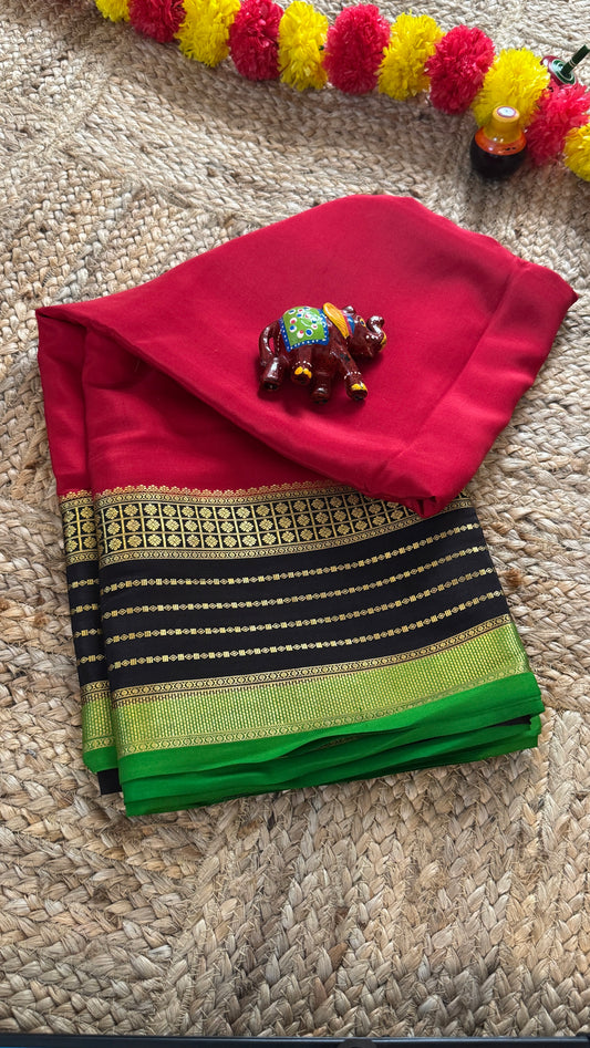 Pure Mysore Silk Saree - Boarder Lines Maroon + Black + Green