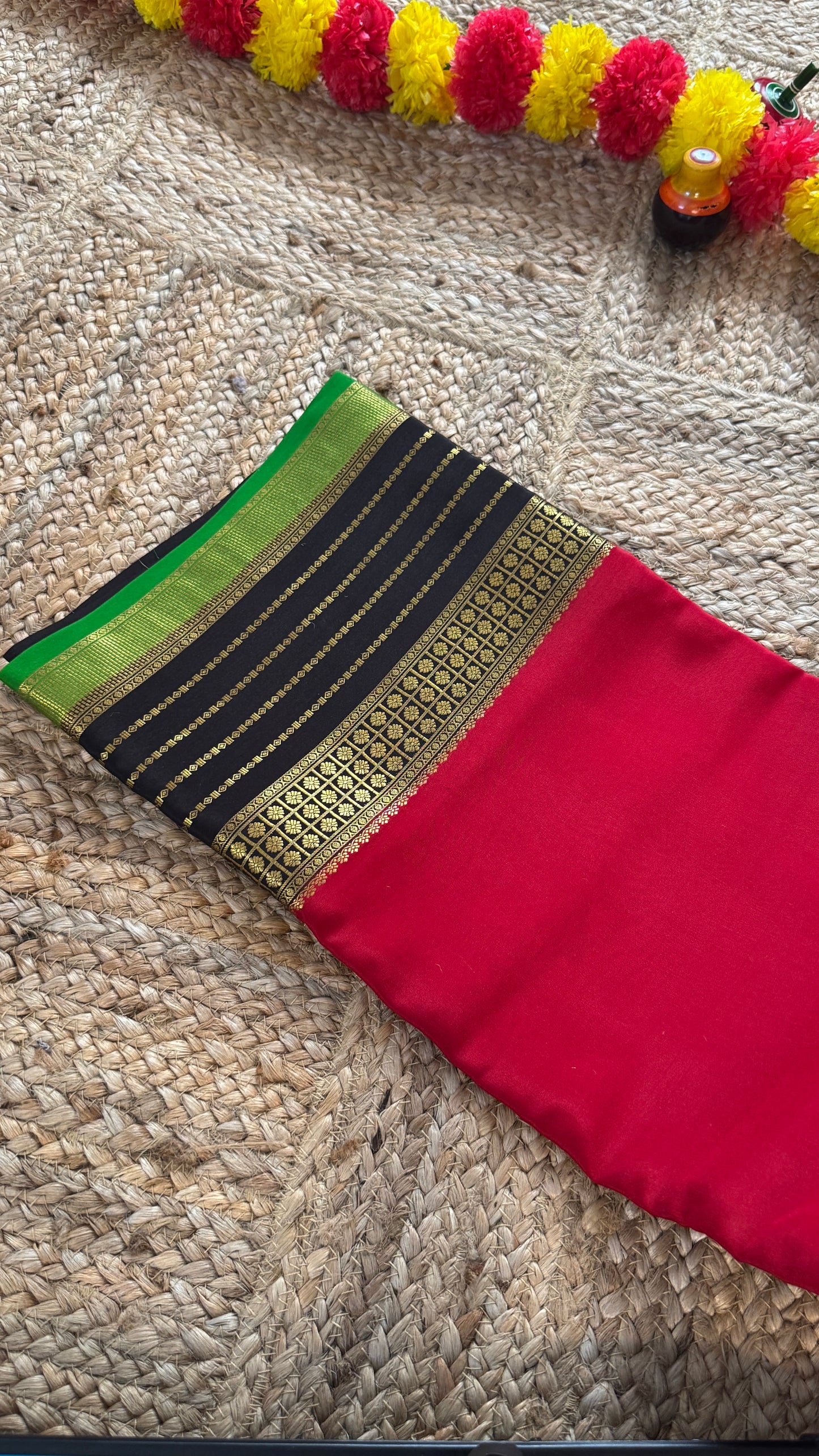 Pure Mysore Silk Saree - Boarder Lines Maroon + Black + Green