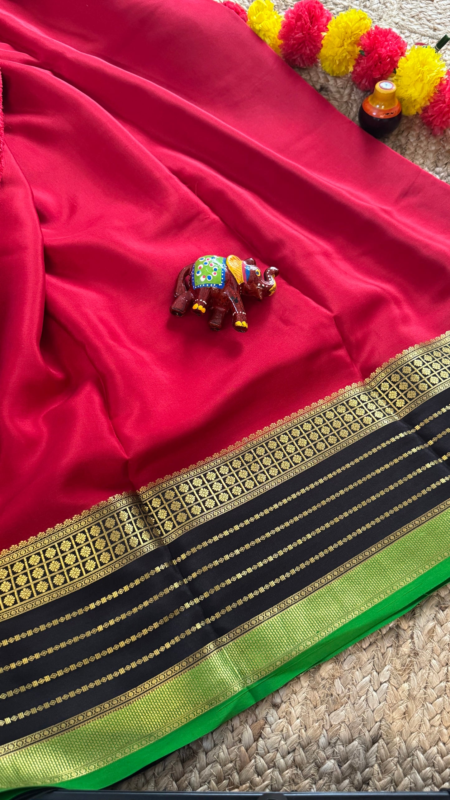 Pure Mysore Silk Saree - Boarder Lines Maroon + Black + Green
