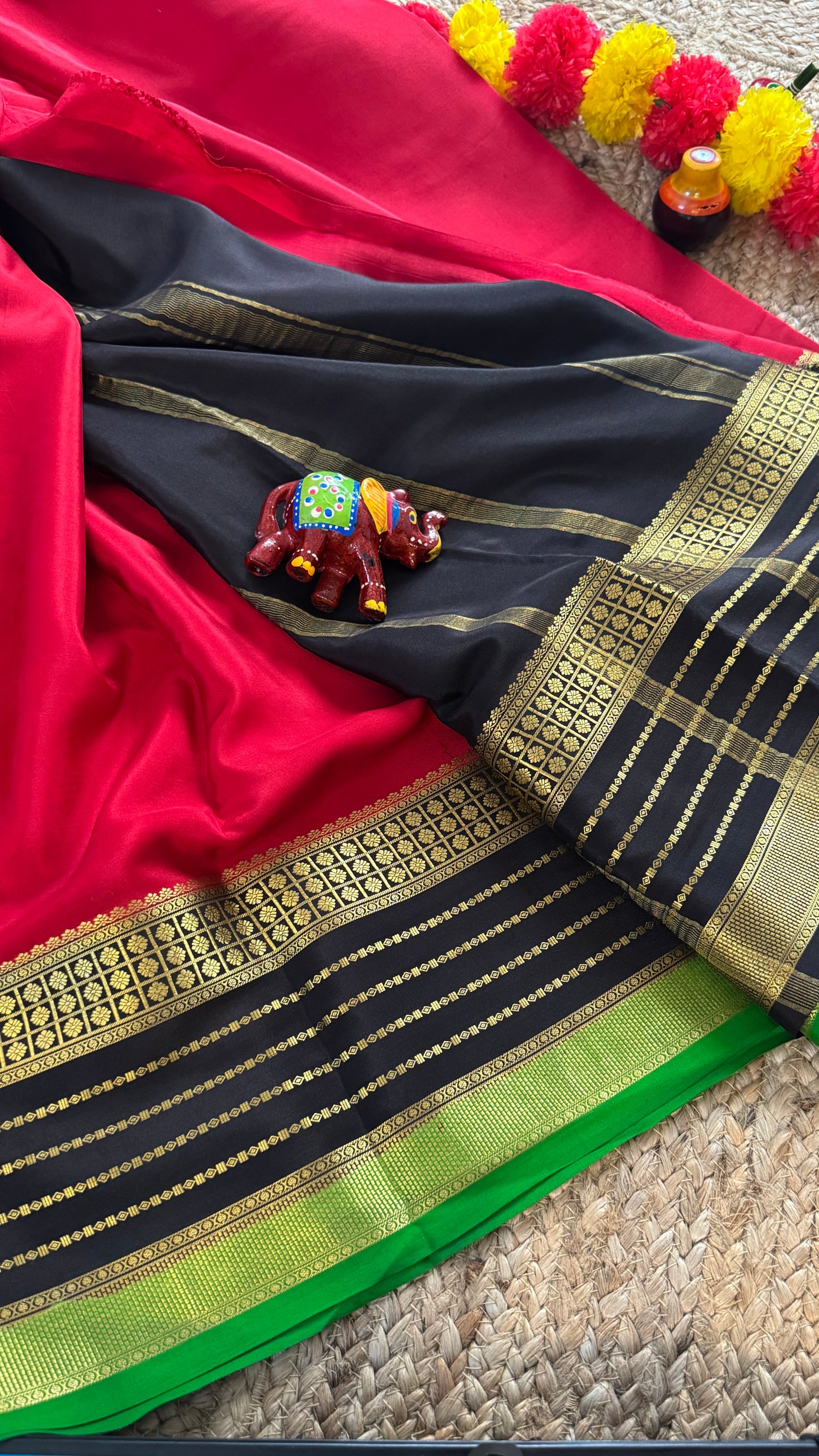 Pure Mysore Silk Saree - Boarder Lines Maroon + Black + Green