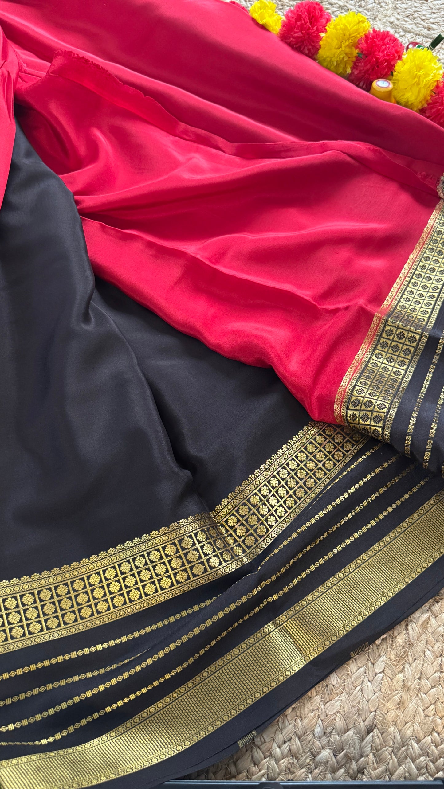 Pure Mysore Silk Saree - Boarder Lines Maroon + Black + Green