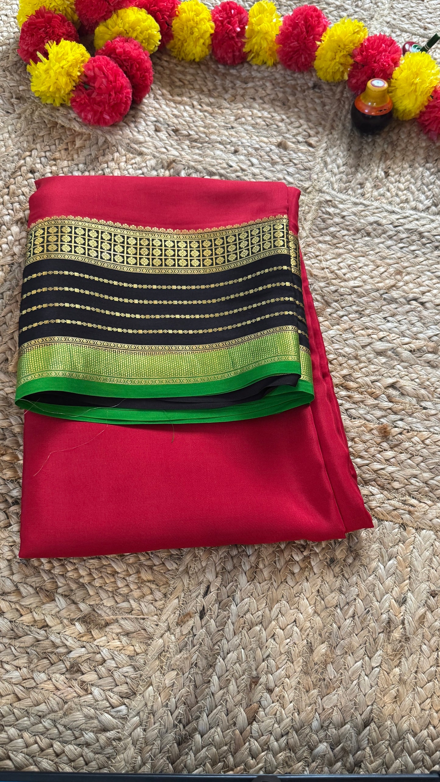 Pure Mysore Silk Saree - Boarder Lines Maroon + Black + Green