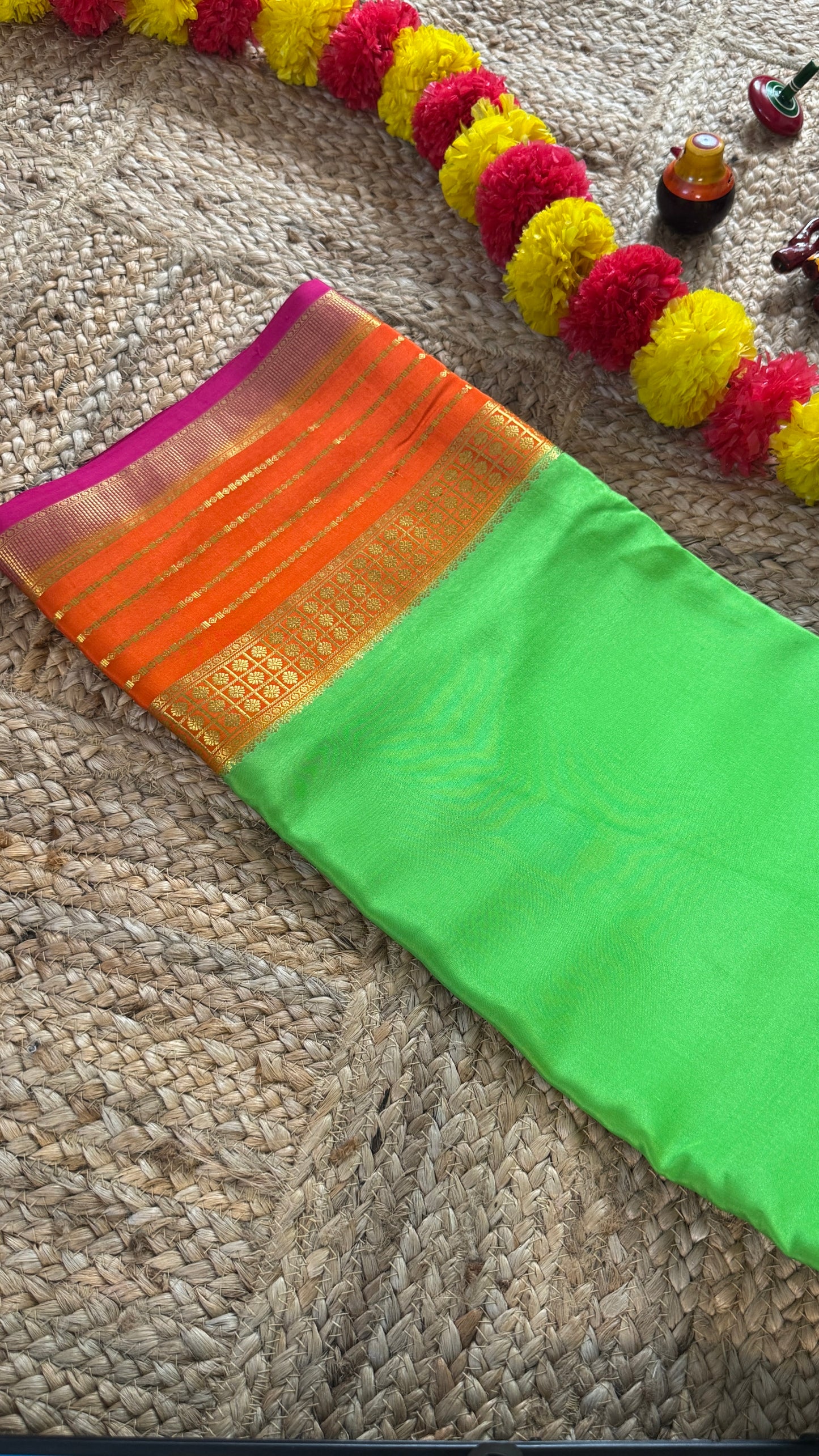 Pure Mysore Silk Saree - Boarder Lines ParrotGreen + Orange + Pink