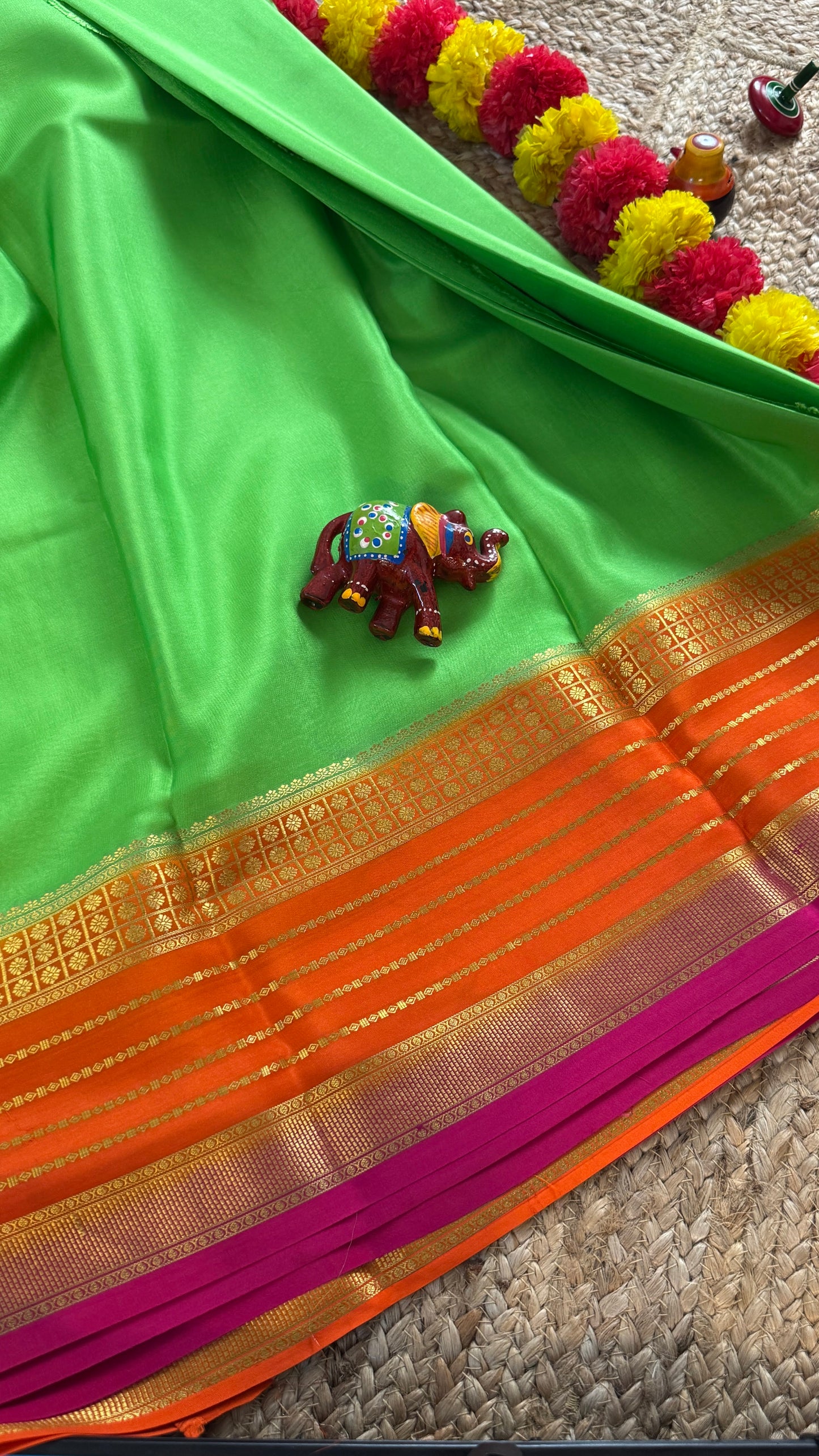 Pure Mysore Silk Saree - Boarder Lines ParrotGreen + Orange + Pink