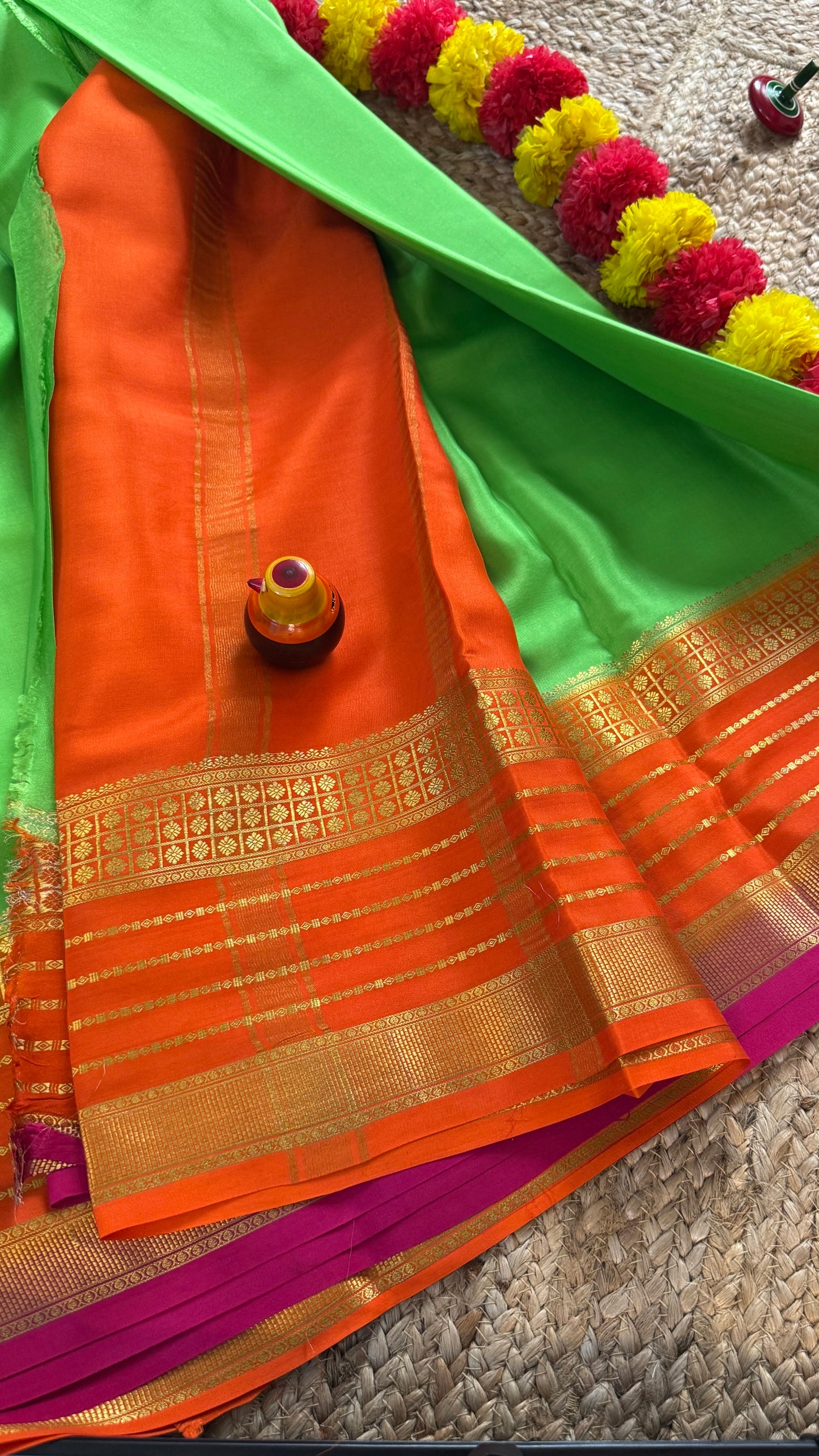 Pure Mysore Silk Saree - Boarder Lines ParrotGreen + Orange + Pink