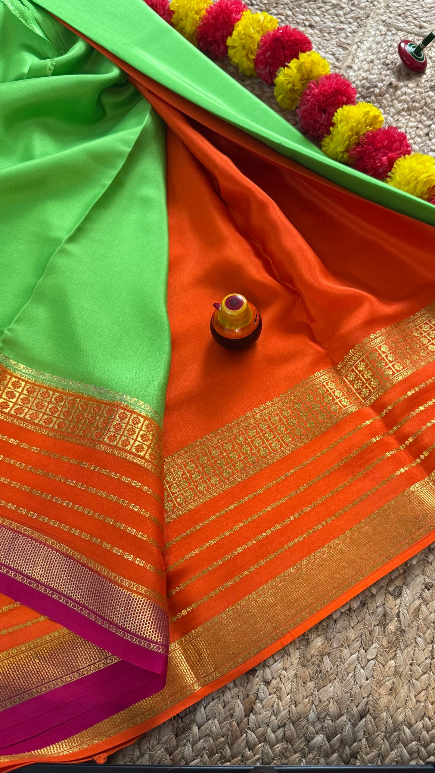 Pure Mysore Silk Saree - Boarder Lines ParrotGreen + Orange + Pink