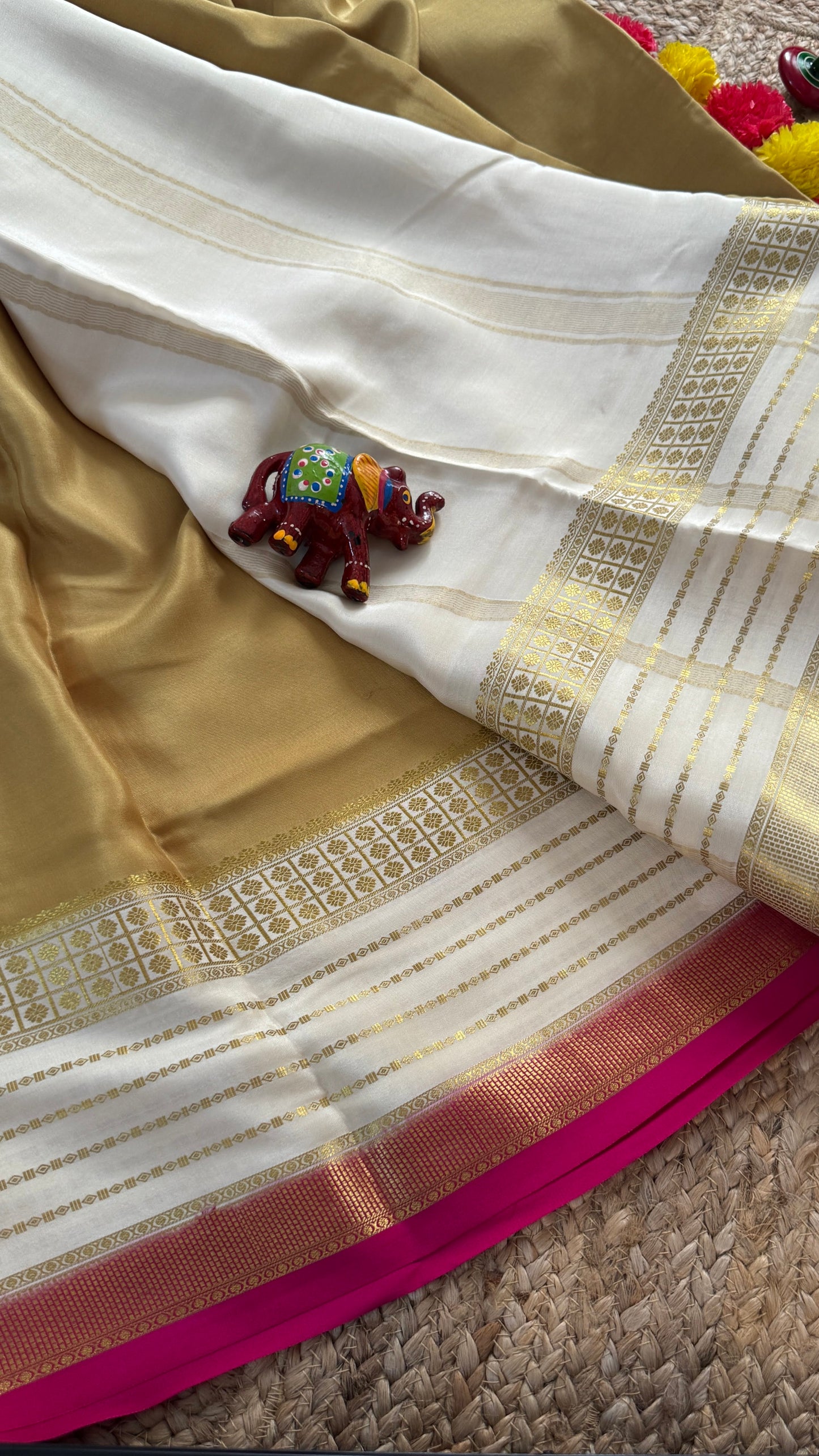 Pure Mysore Silk Saree - Boarder Lines Beige + White + Pink