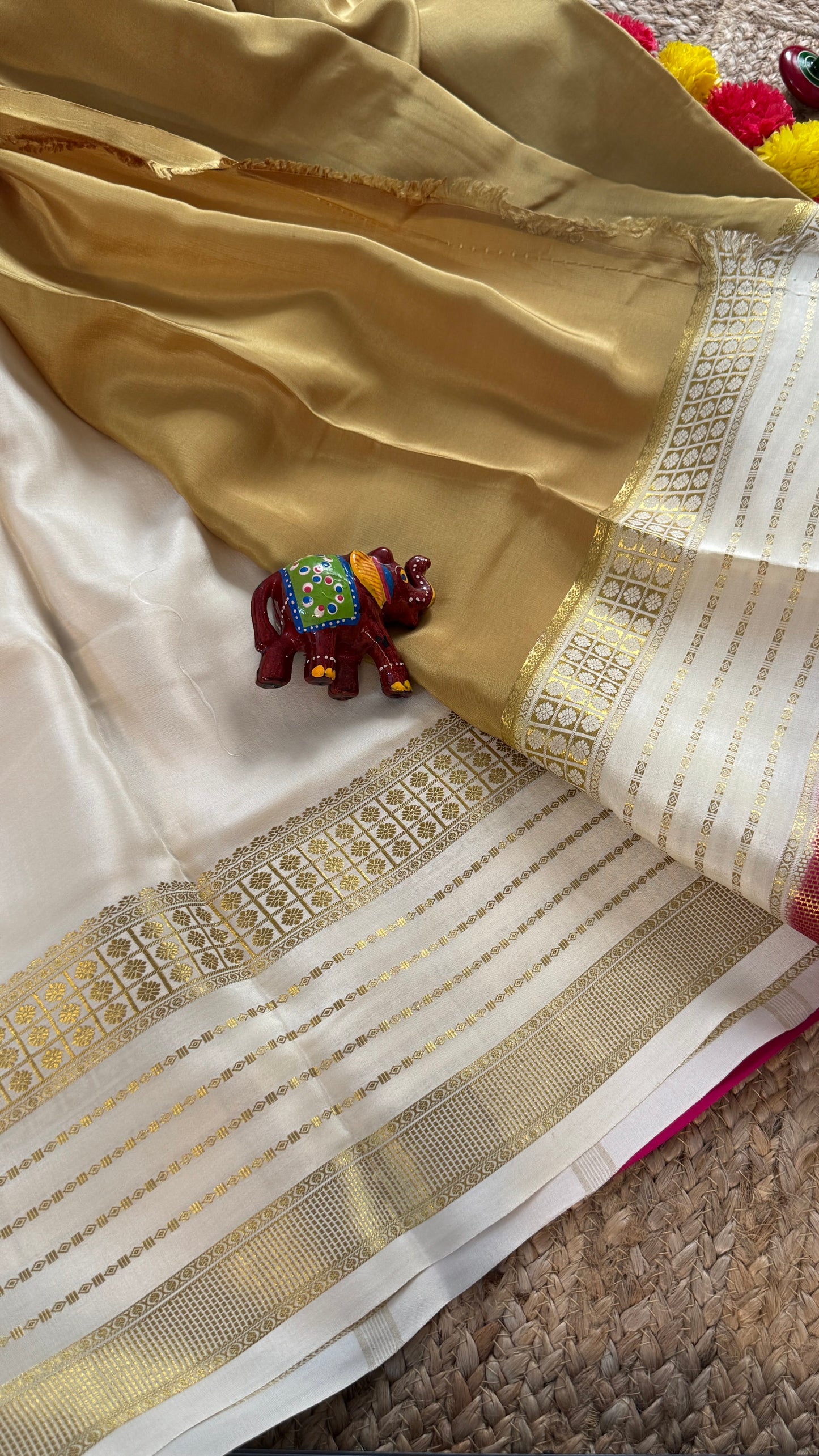 Pure Mysore Silk Saree - Boarder Lines Beige + White + Pink