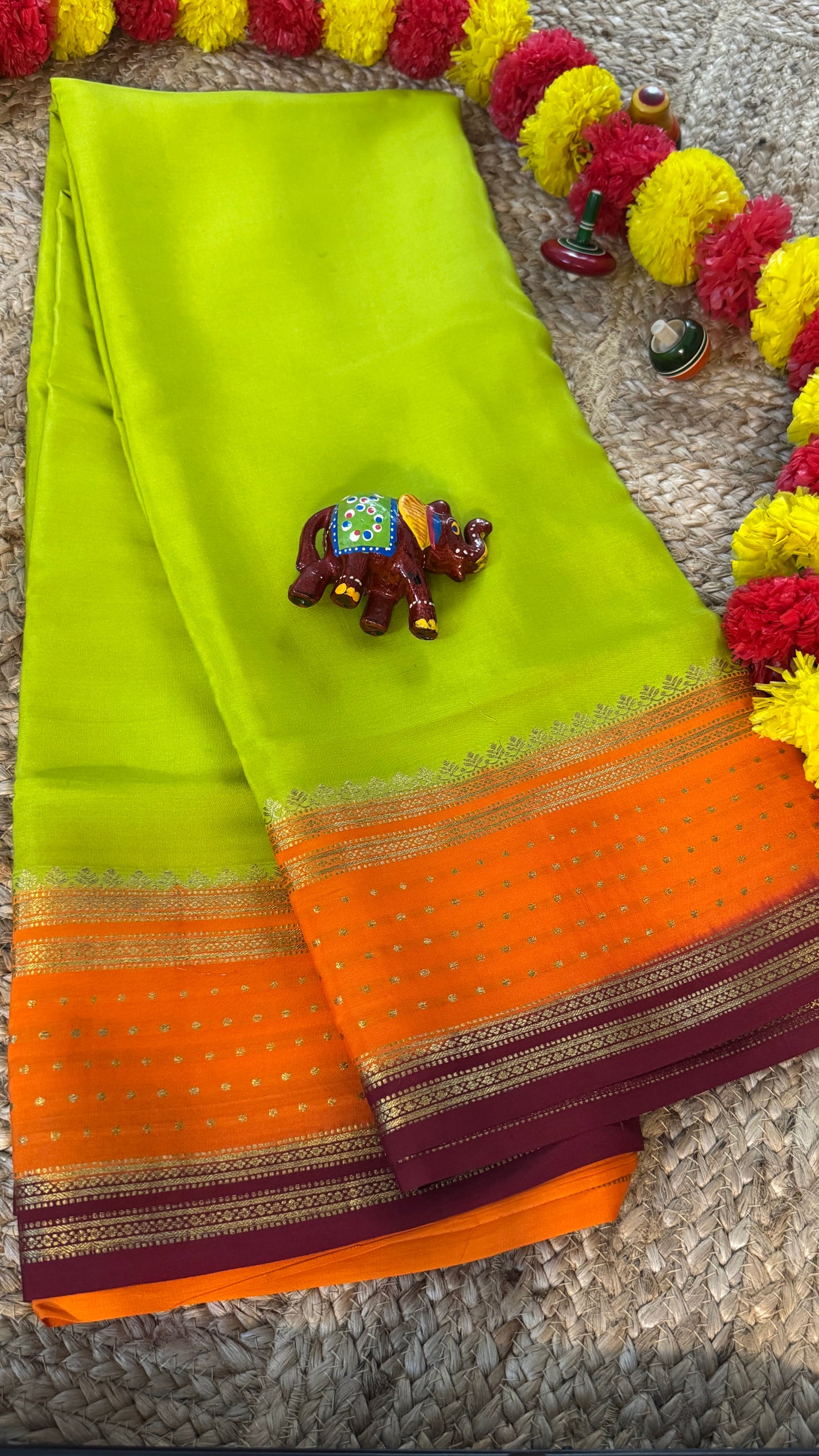 Pure Mysore Silk Saree - Boarder Lines LimeGreen + Orange + Maroon