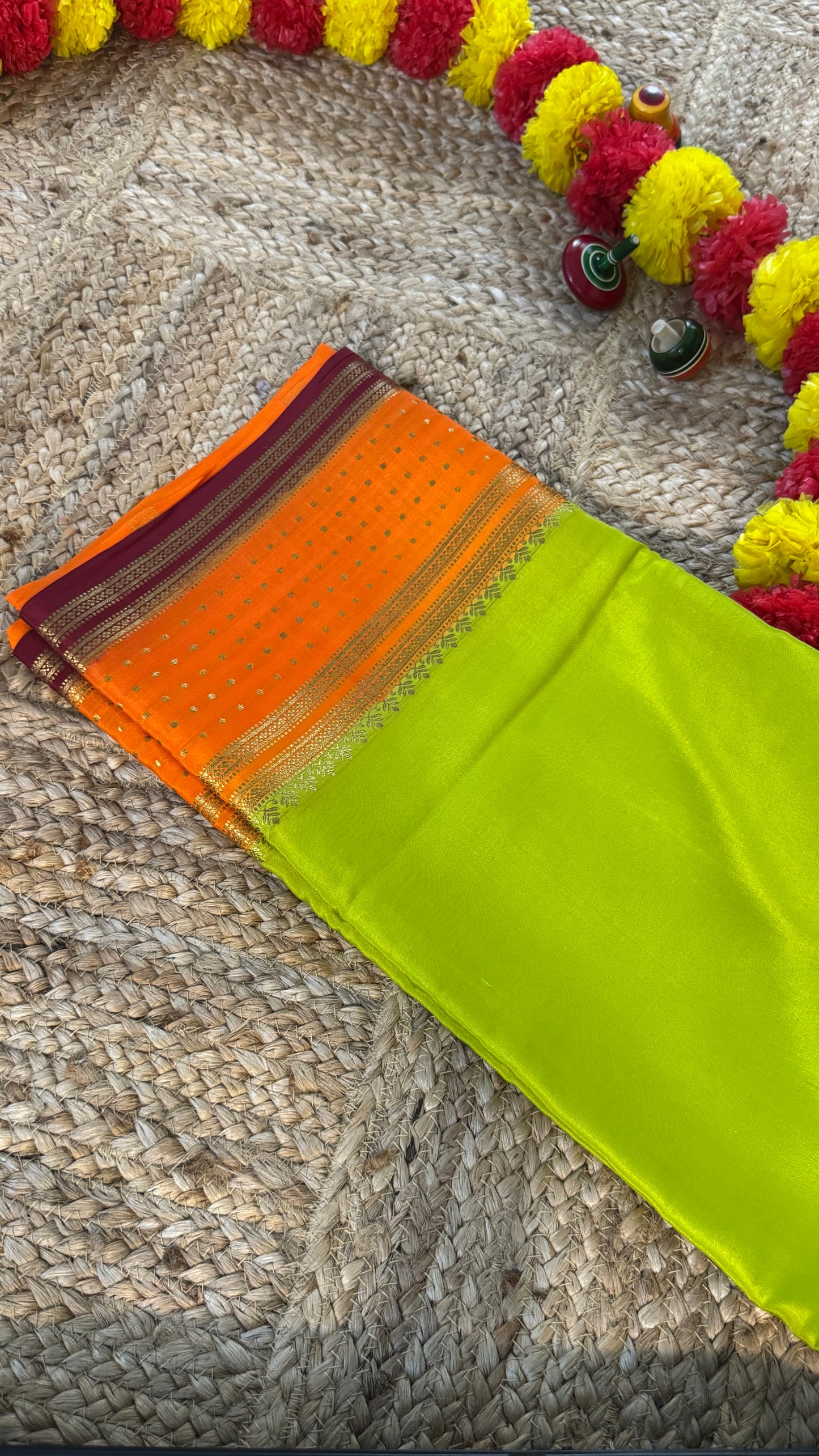 Pure Mysore Silk Saree - Boarder Lines LimeGreen + Orange + Maroon
