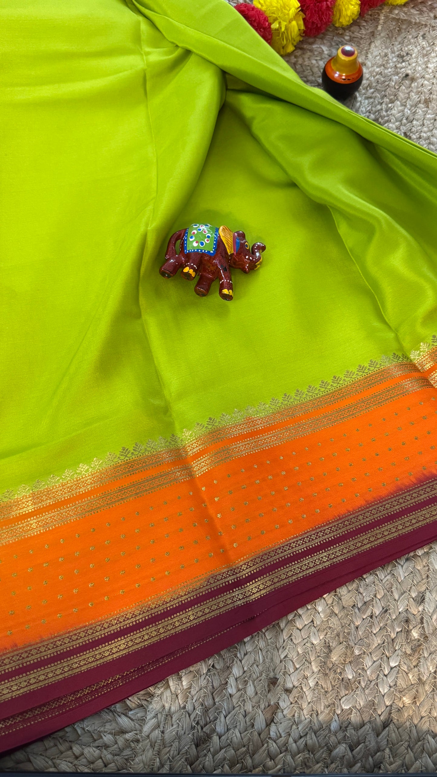Pure Mysore Silk Saree - Boarder Lines LimeGreen + Orange + Maroon