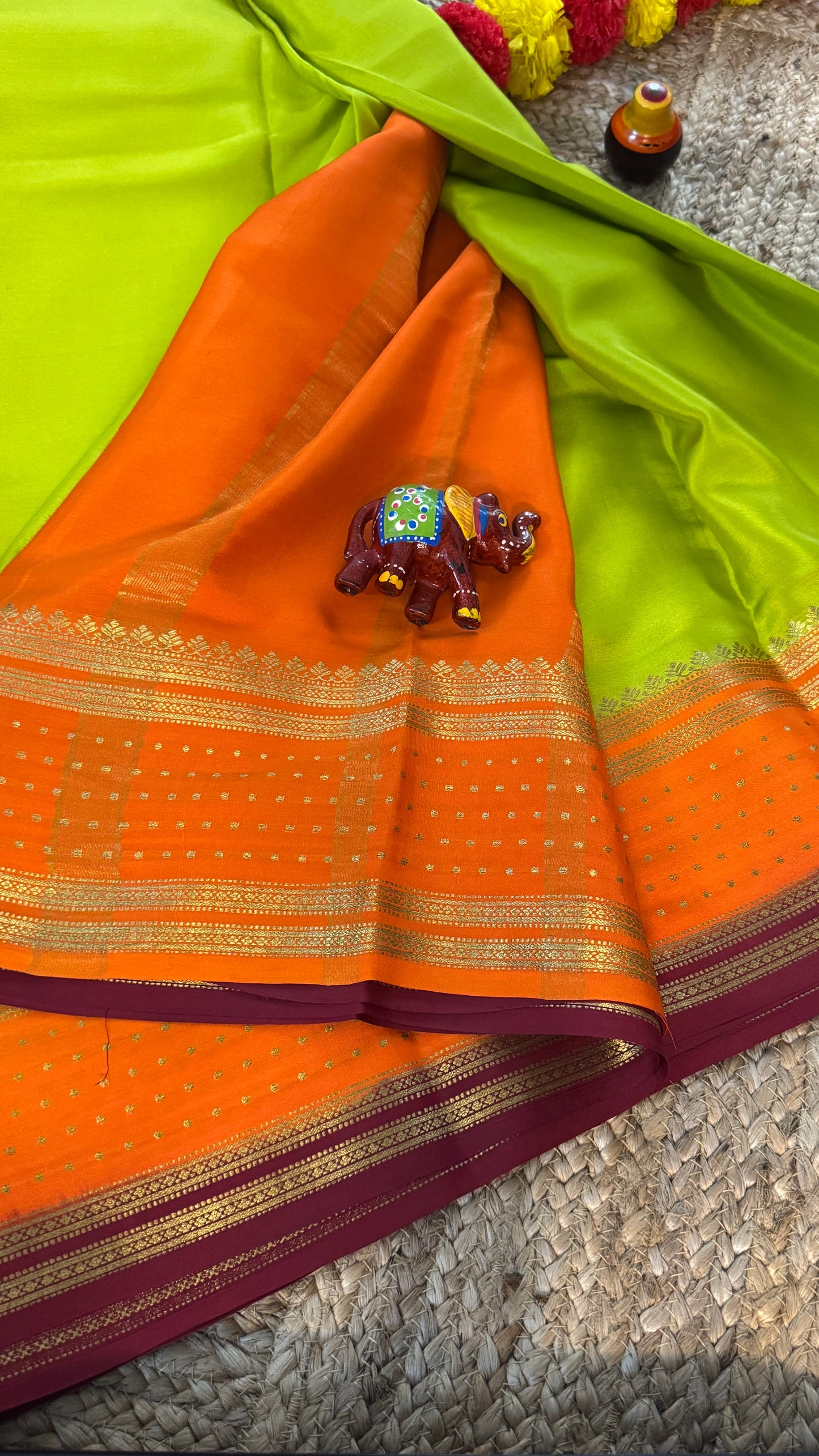 Pure Mysore Silk Saree - Boarder Lines LimeGreen + Orange + Maroon