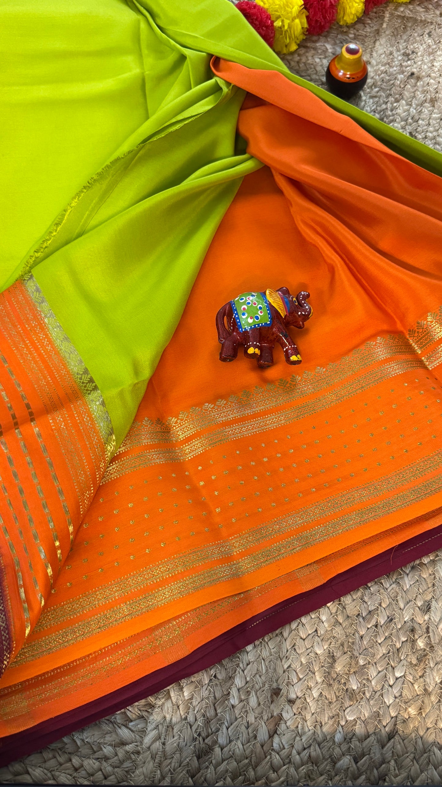 Pure Mysore Silk Saree - Boarder Lines LimeGreen + Orange + Maroon