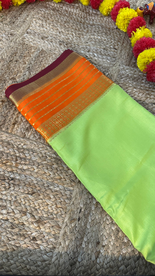 Pure Mysore Silk Saree - Boarder Lines ParrotGreen + Orange + Maroon