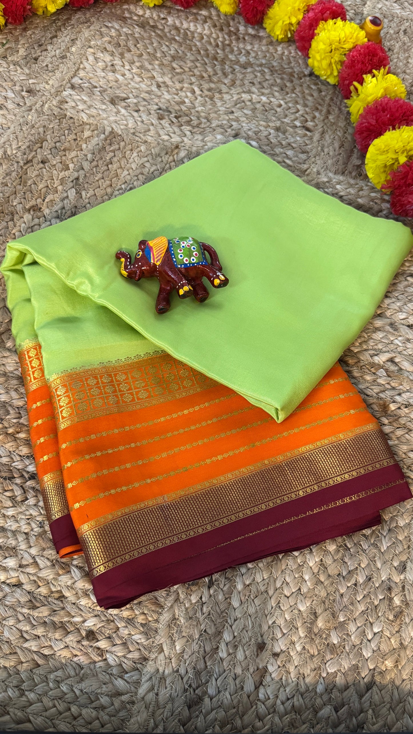 Pure Mysore Silk Saree - Boarder Lines ParrotGreen + Orange + Maroon