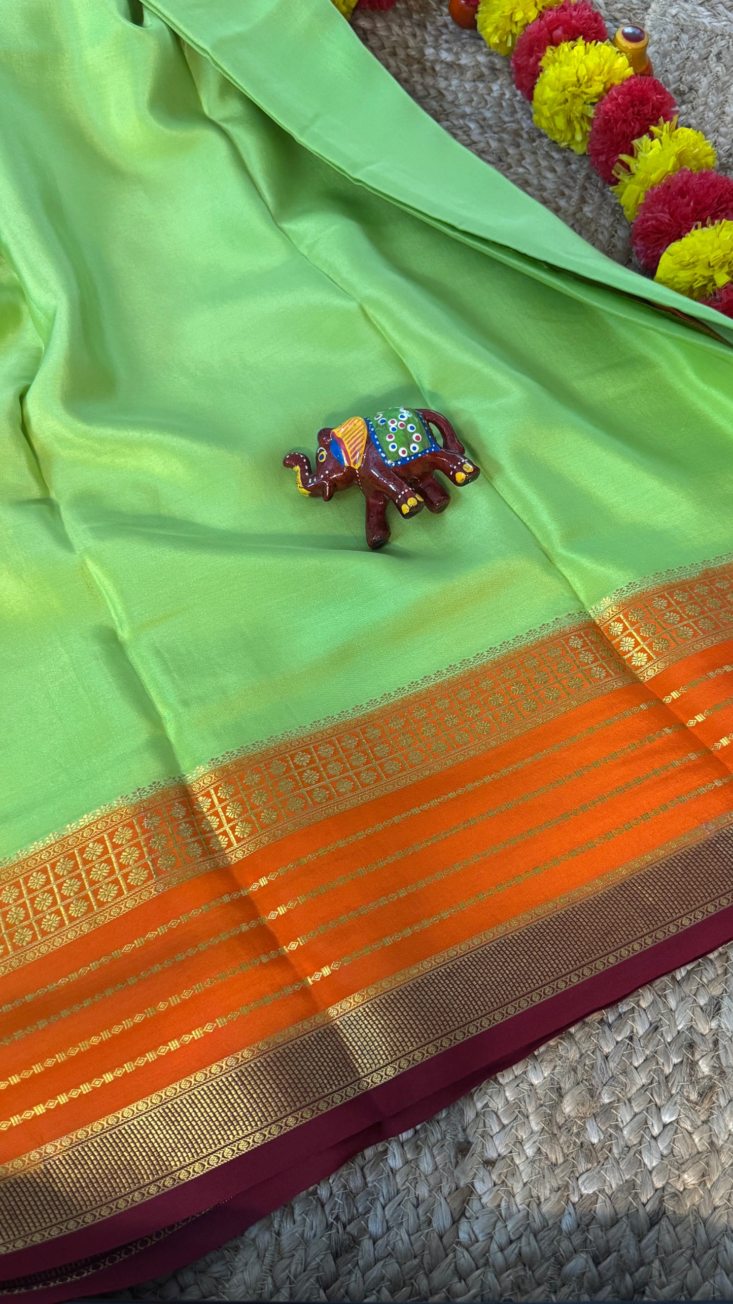 Pure Mysore Silk Saree - Boarder Lines ParrotGreen + Orange + Maroon