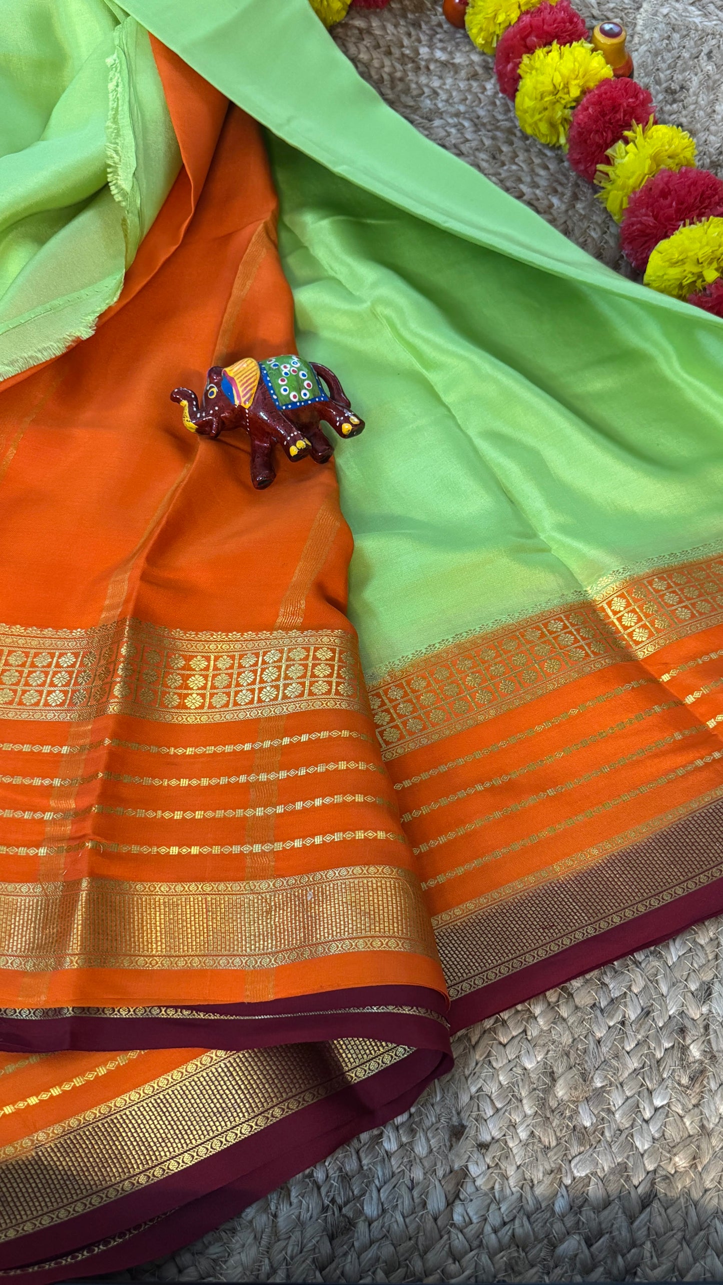 Pure Mysore Silk Saree - Boarder Lines ParrotGreen + Orange + Maroon