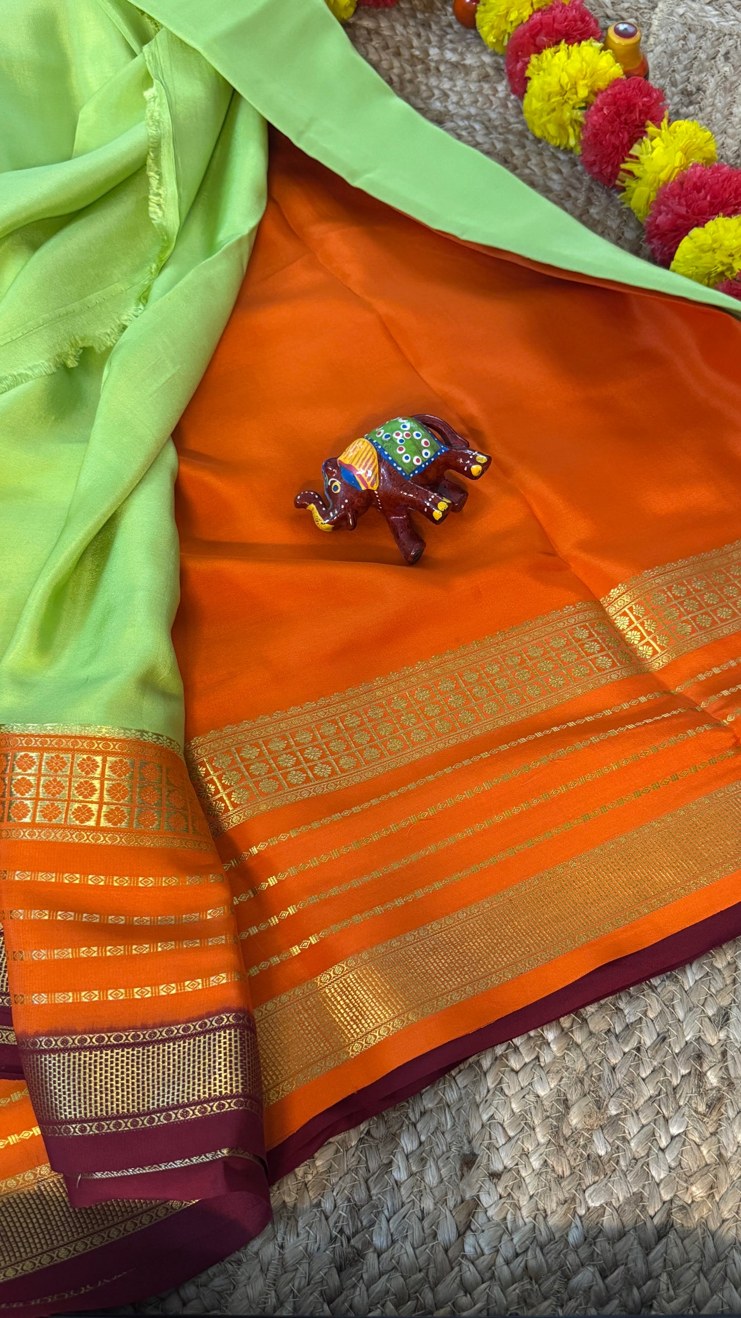 Pure Mysore Silk Saree - Boarder Lines ParrotGreen + Orange + Maroon