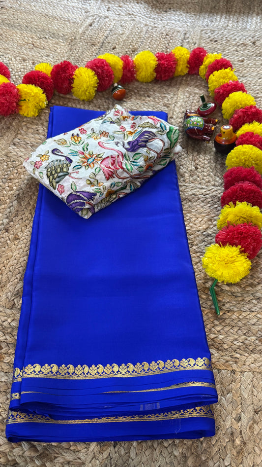 Combo Offer - Royal Blue Monotone Mysuru Silk Saree + Designer second Blouse fabric
