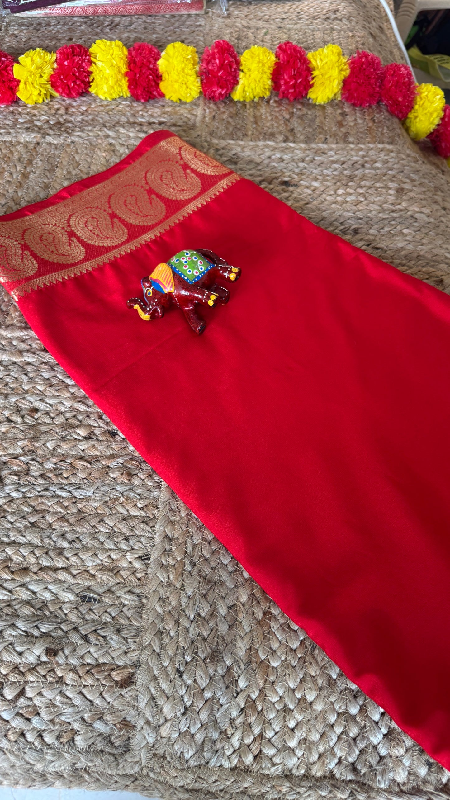Semi Silk Saree - Solid Red with Mango Boarder