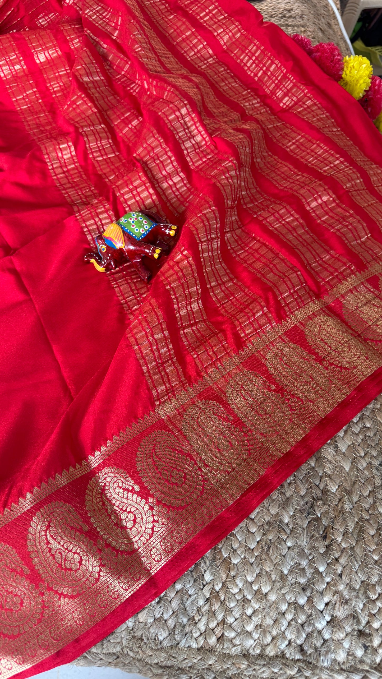 Semi Silk Saree - Solid Red with Mango Boarder