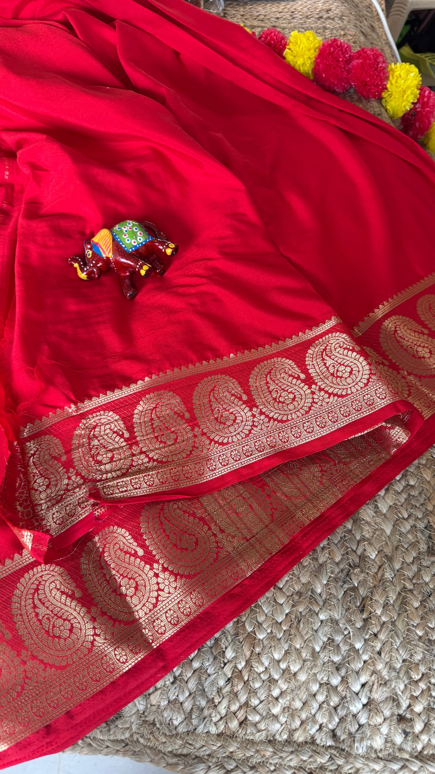 Semi Silk Saree - Solid Red with Mango Boarder