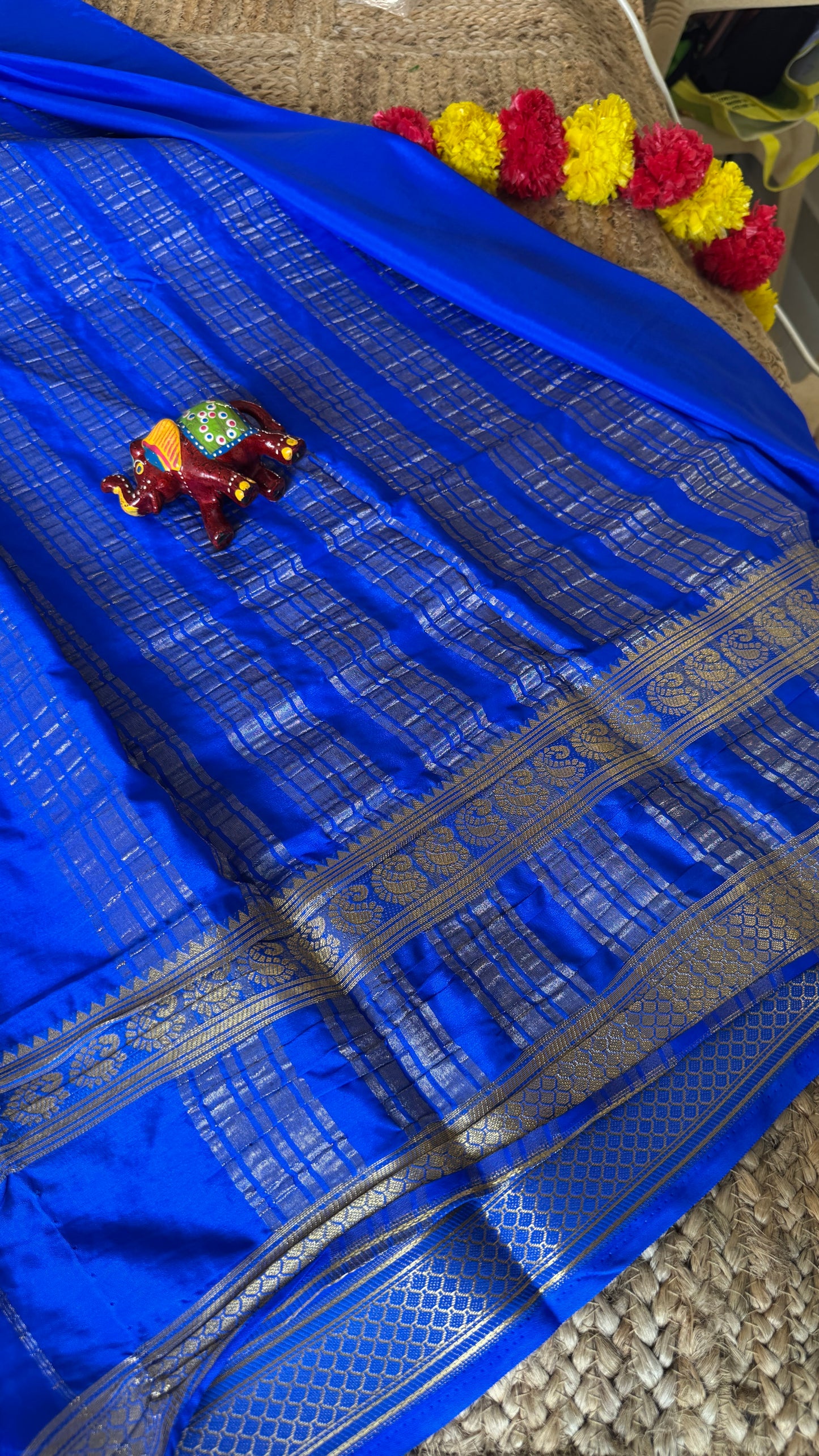 Semi Silk Saree - Solid Blue with Lines