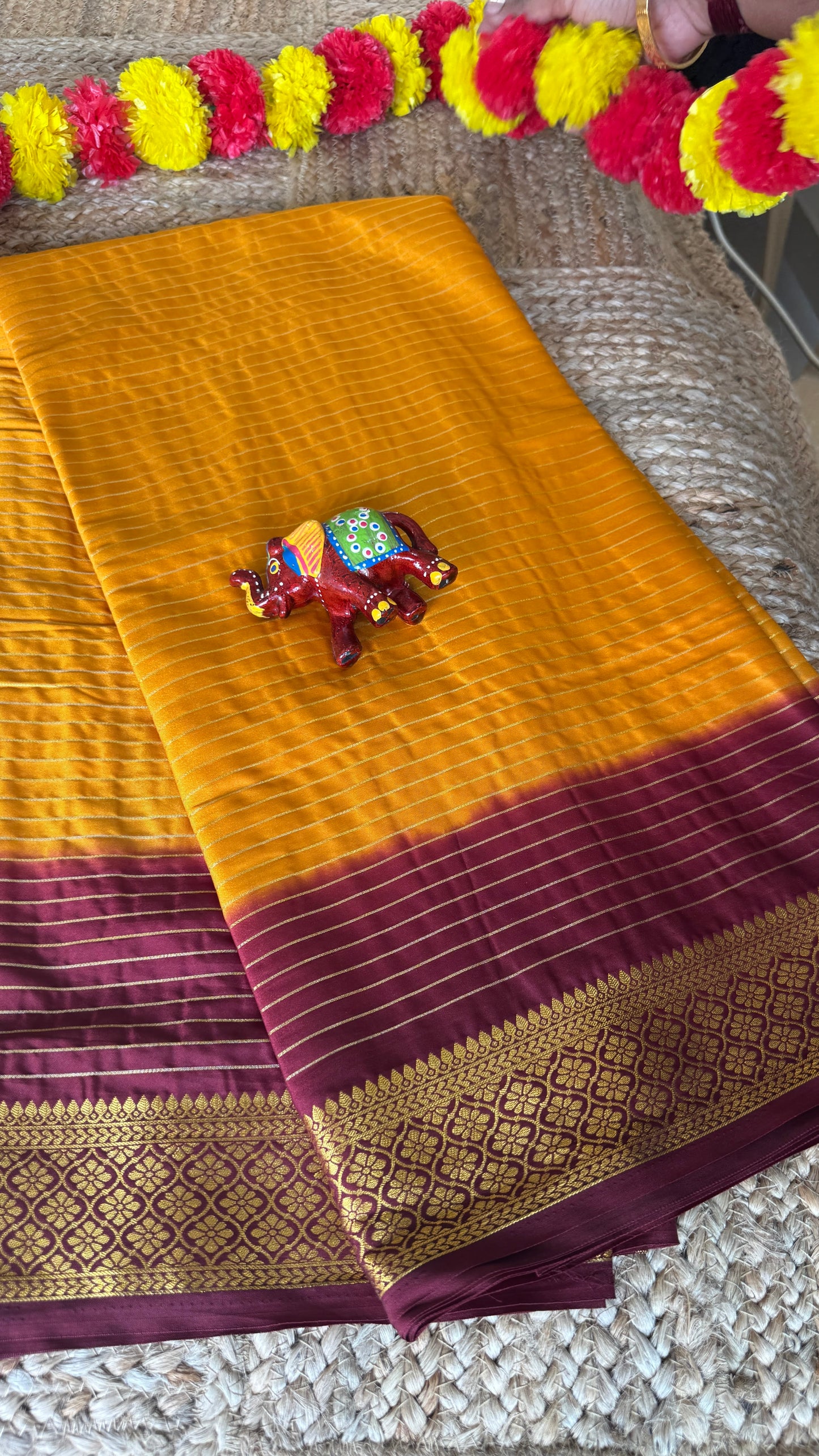 Semi Silk Saree - Mustard with Maroon Boarder
