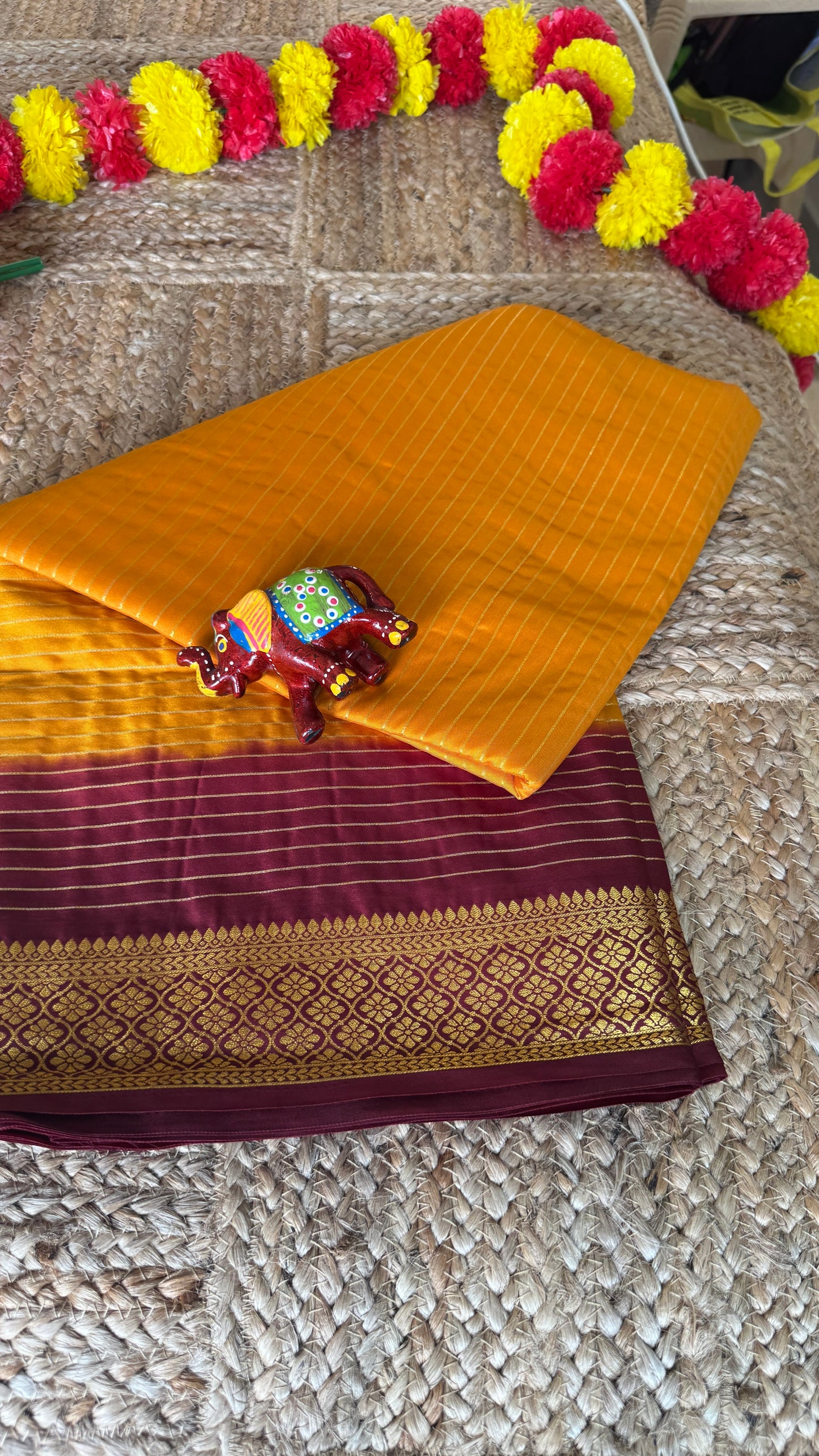 Semi Silk Saree - Mustard with Maroon Boarder