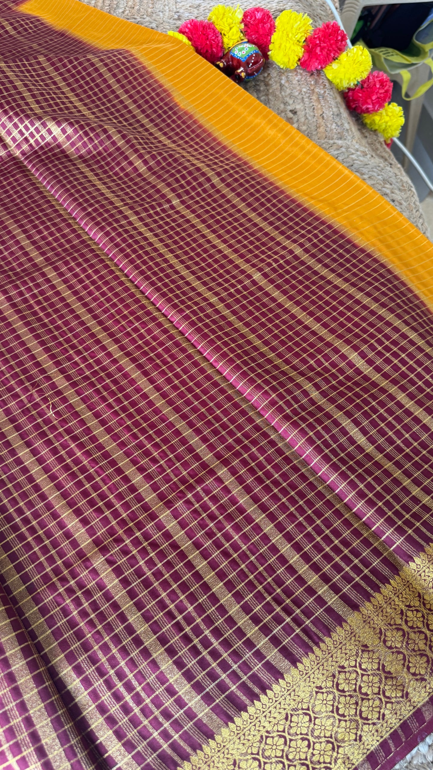 Semi Silk Saree - Mustard with Maroon Boarder