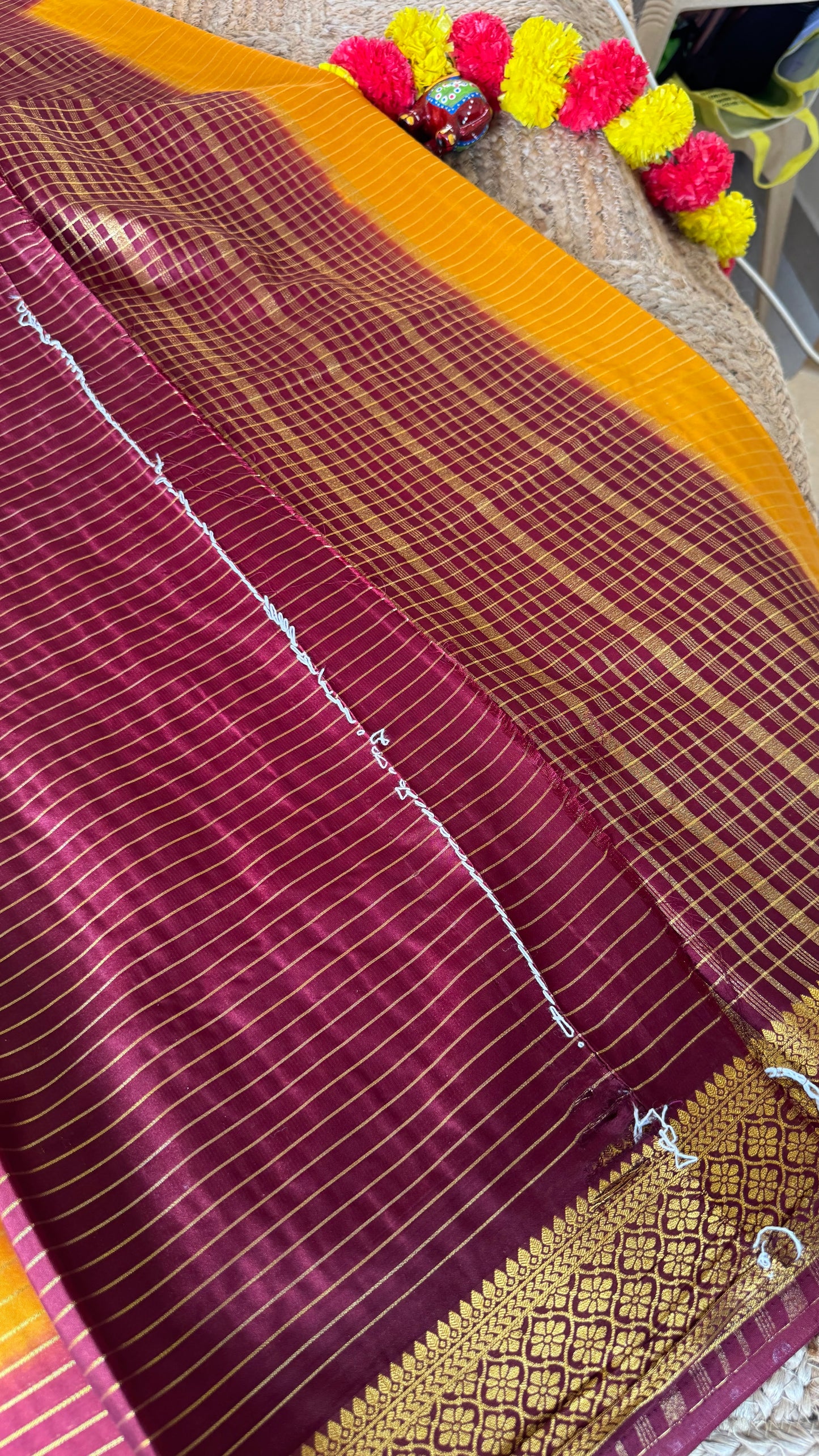 Semi Silk Saree - Mustard with Maroon Boarder