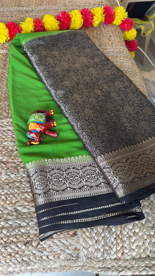 Semi Silk Saree - Green and Black