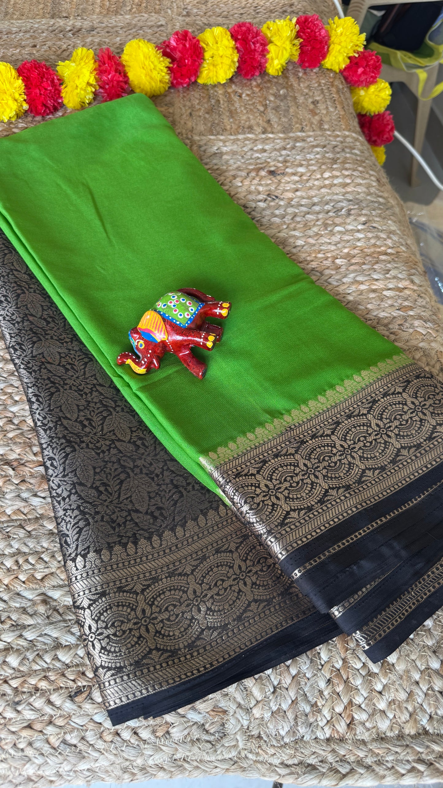 Semi Silk Saree - Green and Black