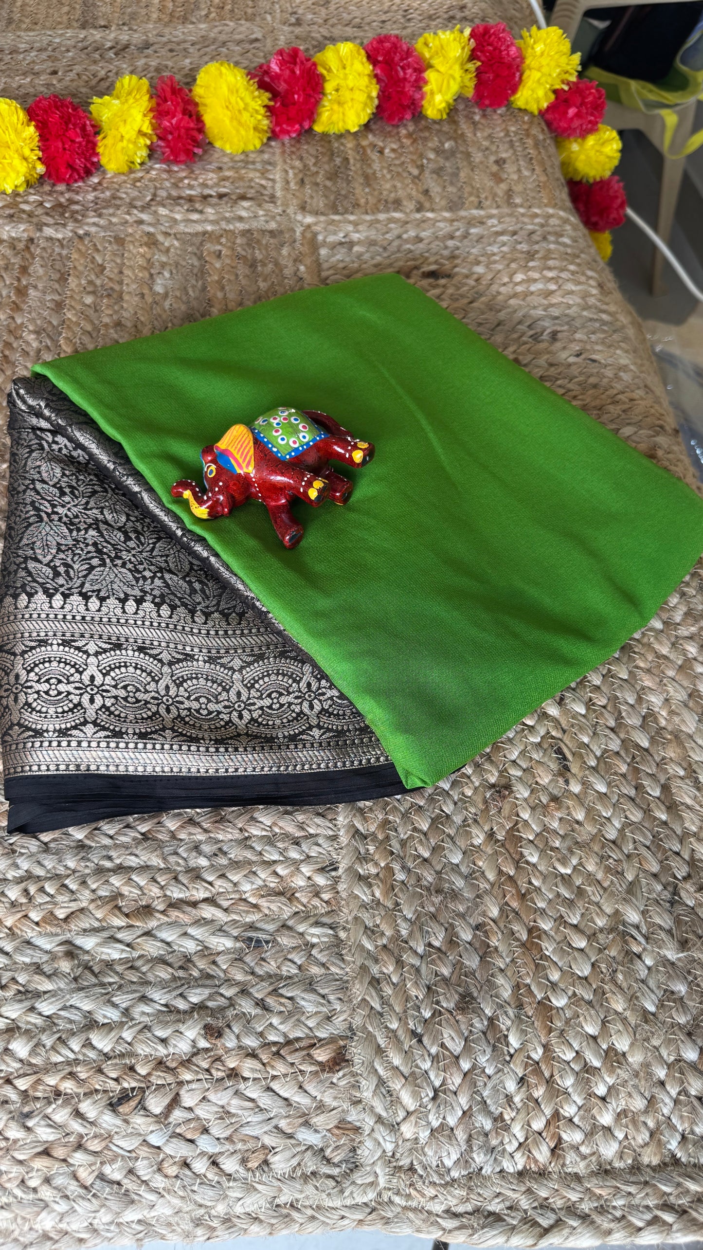 Semi Silk Saree - Green and Black