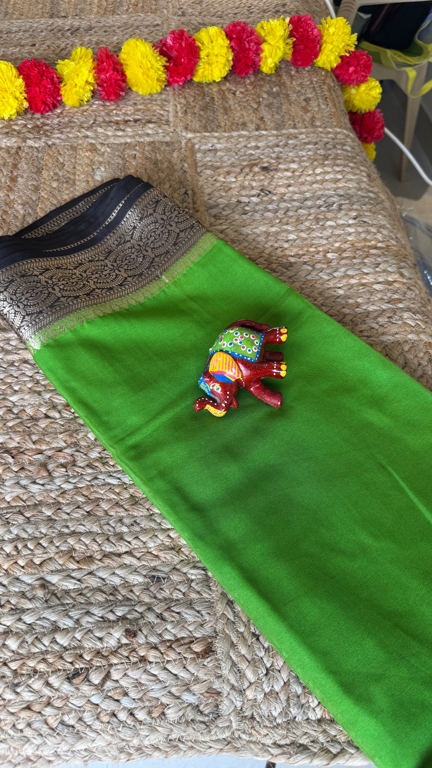 Semi Silk Saree - Green and Black