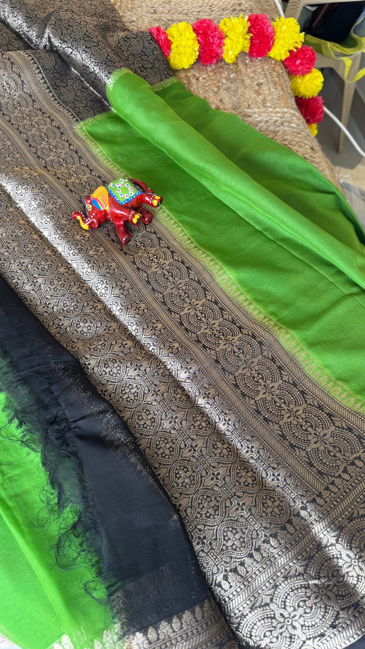 Semi Silk Saree - Green and Black