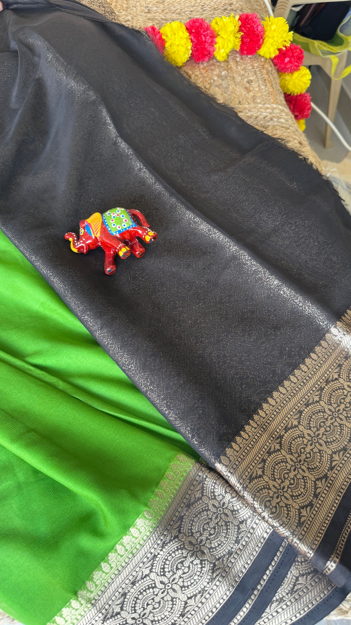 Semi Silk Saree - Green and Black