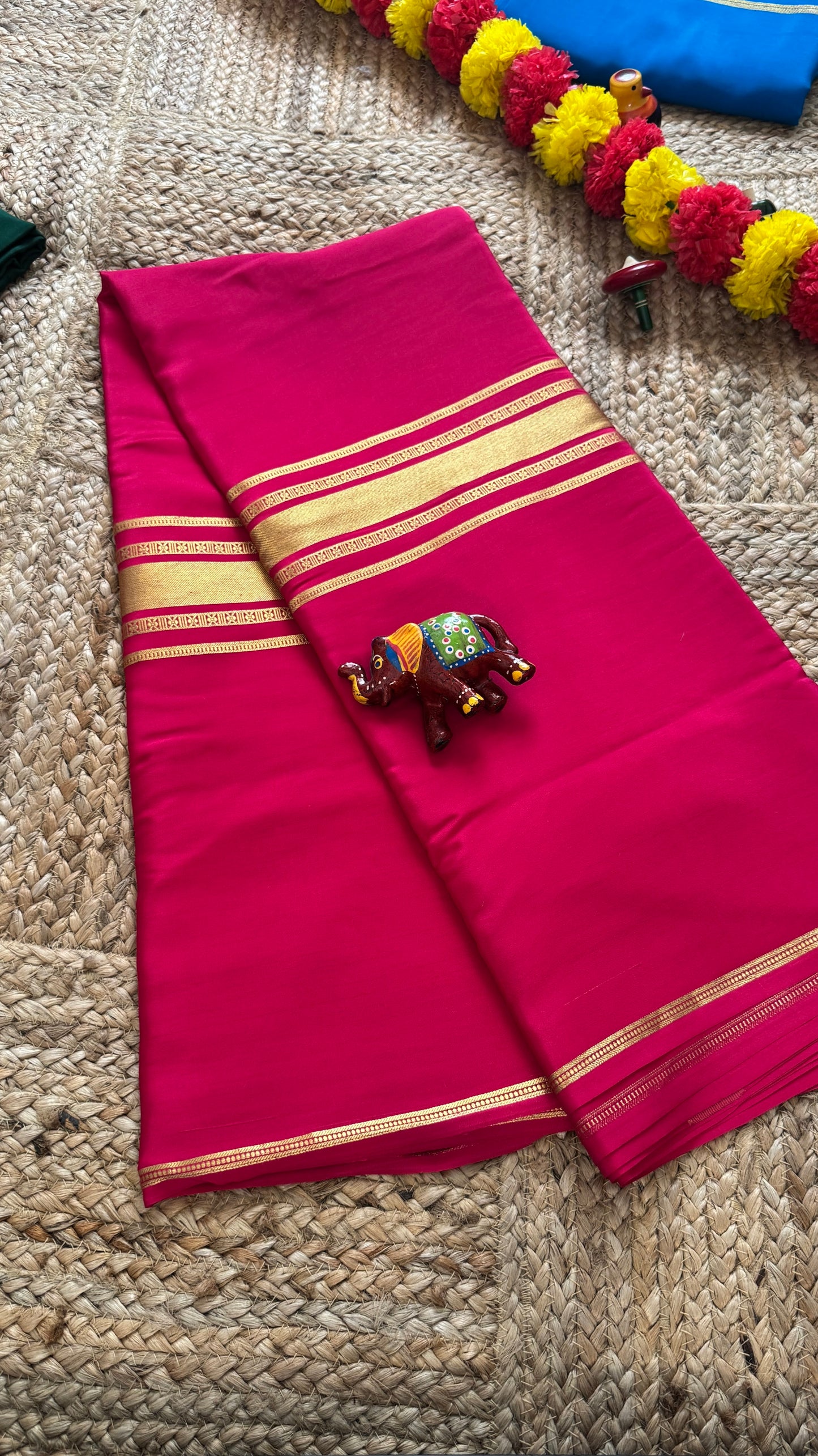 Pure Mysore Silk Saree - 4 Lines Rani Pink
