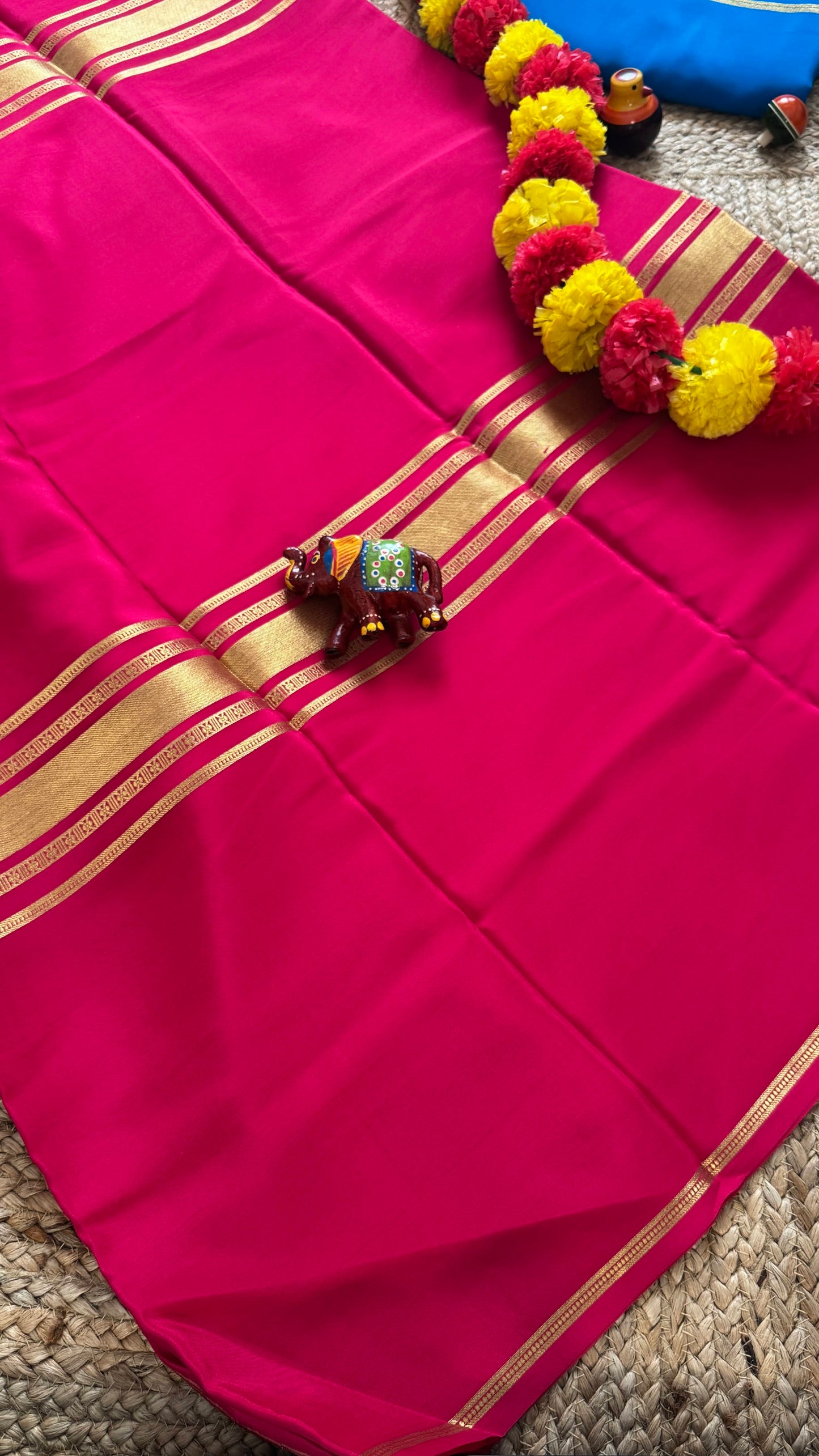 Pure Mysore Silk Saree - 4 Lines Rani Pink