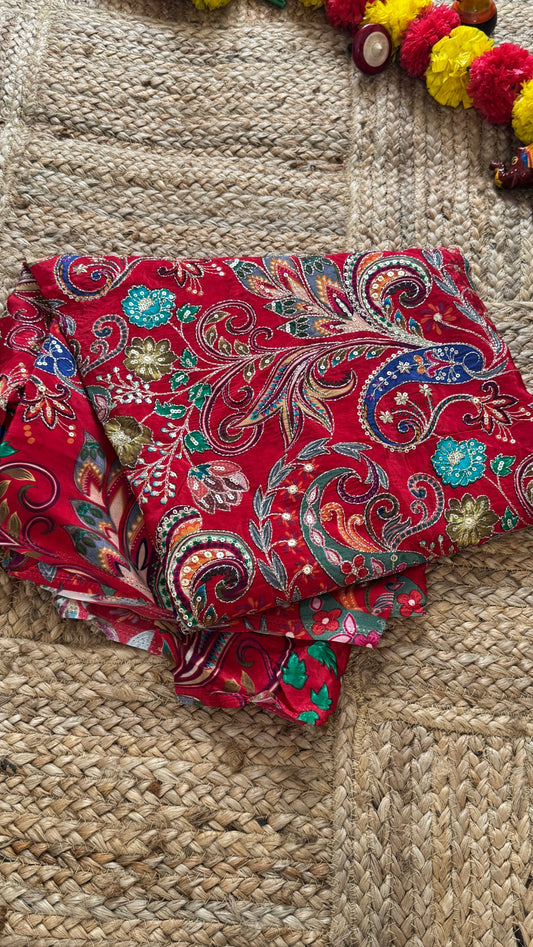 Designer Blouse Fabric - Crepe Silk Red